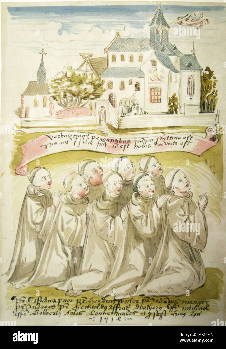 . Deutsch: Illustration aus dem Salbuch des Klosters Naumburg: Oben Darstellung der Klostergebäude, darunter kniend die namentlich genannten acht Mönche. 16. Jahrhundert/ 16th century. unbekannter Mönch 439 Naumburger Salbuch Naumburg Moenche Stock Photo