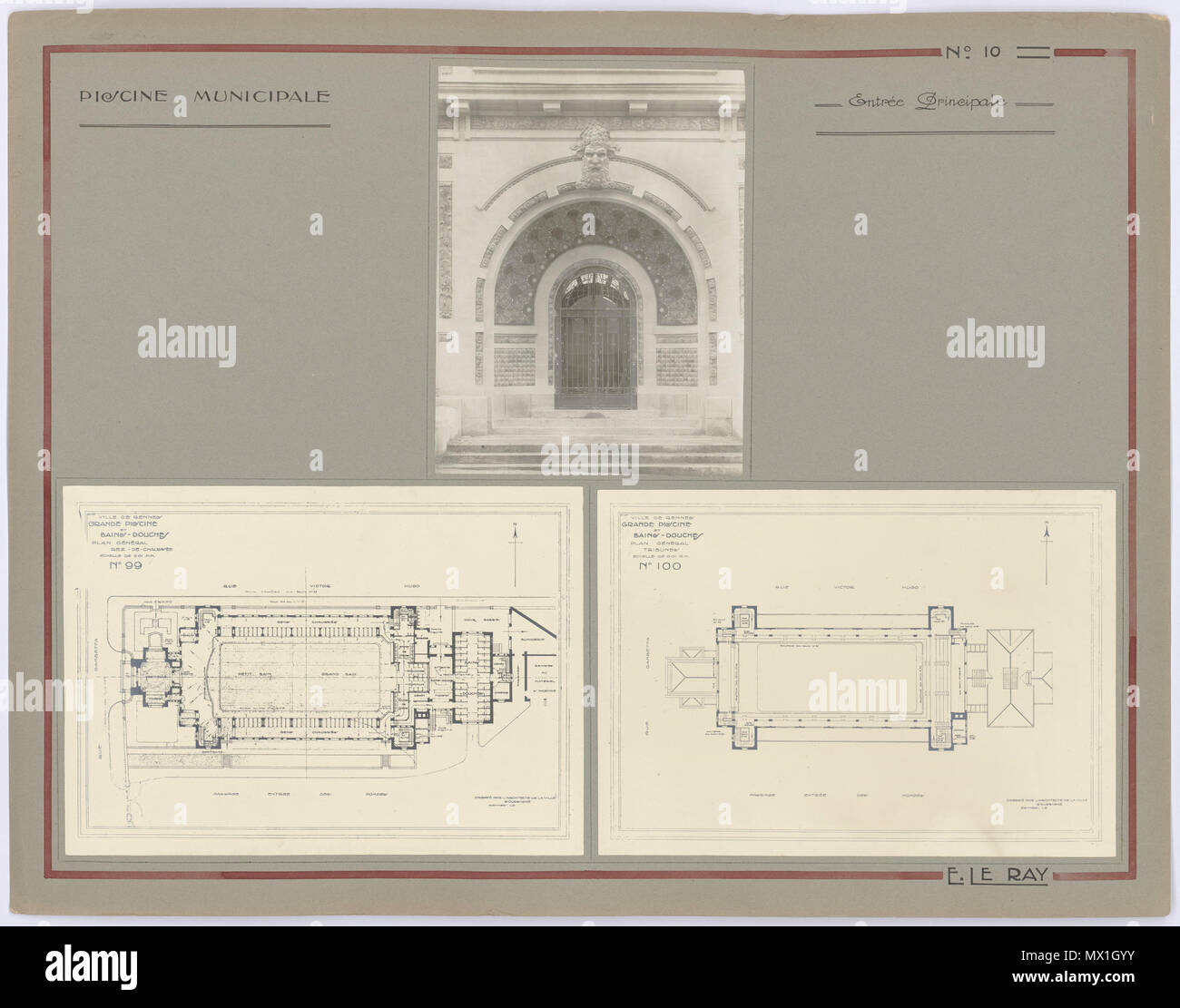 .  Français : Piscine municipale Saint-Georges, Rennes .  Français : Piscine municipale Saint-Georges : planche d'Emmanuel Le Ray, architecte municipal de Rennes, composée d'une photographie noir et blanc de l'entrée principale (22x17 cm) et de deux plans (rez-de-chaussée et tribunes), à l'échelle 1/100 (28.5x20 cm). Archives municipales de Rennes, 10 Fi 12. . 1926.    Emmanuel Le Ray  (1859–1936)     Description French architect  Date of birth/death 17 November 1859 28 November 1936  Location of birth/death Rennes Rennes  Authority control  : Q3052762 VIAF: 73530168 ISNI: 0000 0001 1833 471X  Stock Photo