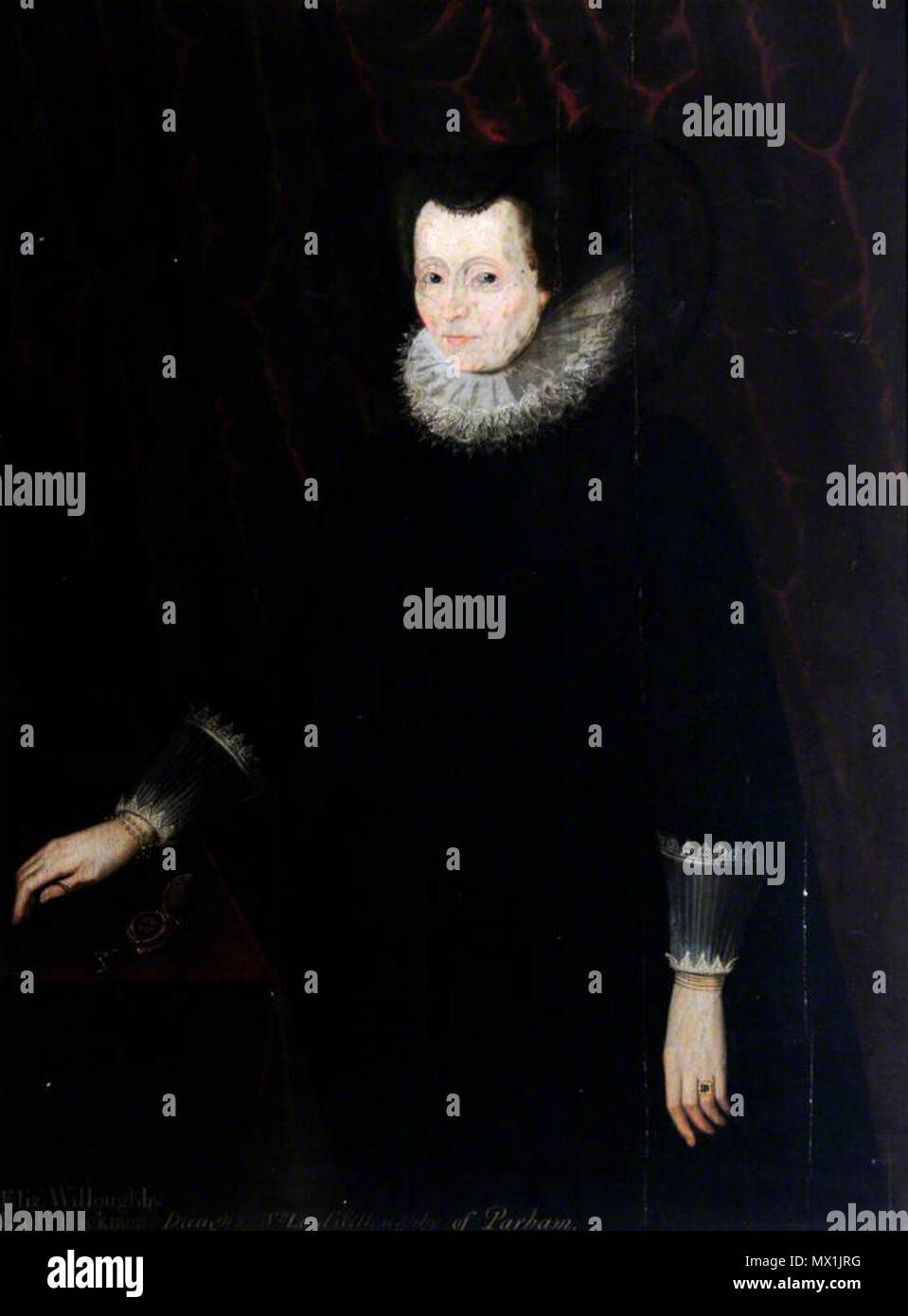 . English: Portrait of Elizabeth Willoughby, Lady Hickman, three-quarter length, wearing a black dress with lace cuffs, and collar, holding a watch by a draped table - with inscription. circa 1625. Follower of Robert Peake 184 Elizabeth Willoughby, Lady Hickman Stock Photo