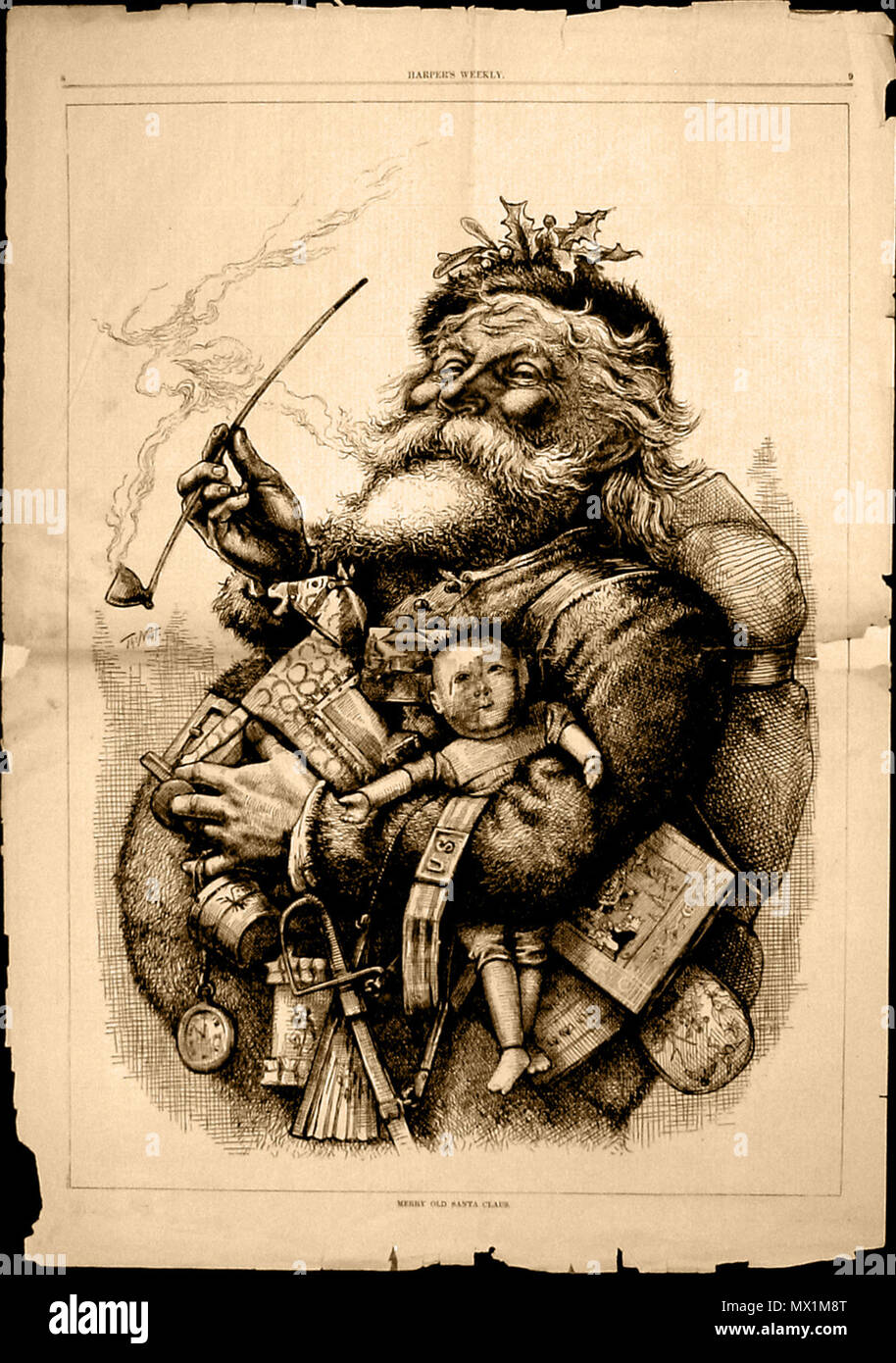 . English: Thomas Nast's most famous drawing, 'Merry Old Santa Claus', from the January 1, 1881 edition of Harper's Weekly. Thomas Nast immortalized Santa Claus' current look with an initial illustration in an 1863 issue of Harper's Weekly, as part of a large illustration titled 'A Christmas Furlough' in which Nast set aside his regular news and political coverage to do a Santa Claus drawing. The popularity of that image prompted him to create another illustration in 1881. 1 January 1881. Thomas Nast 10 1881 0101 tnast santa 200 Stock Photo