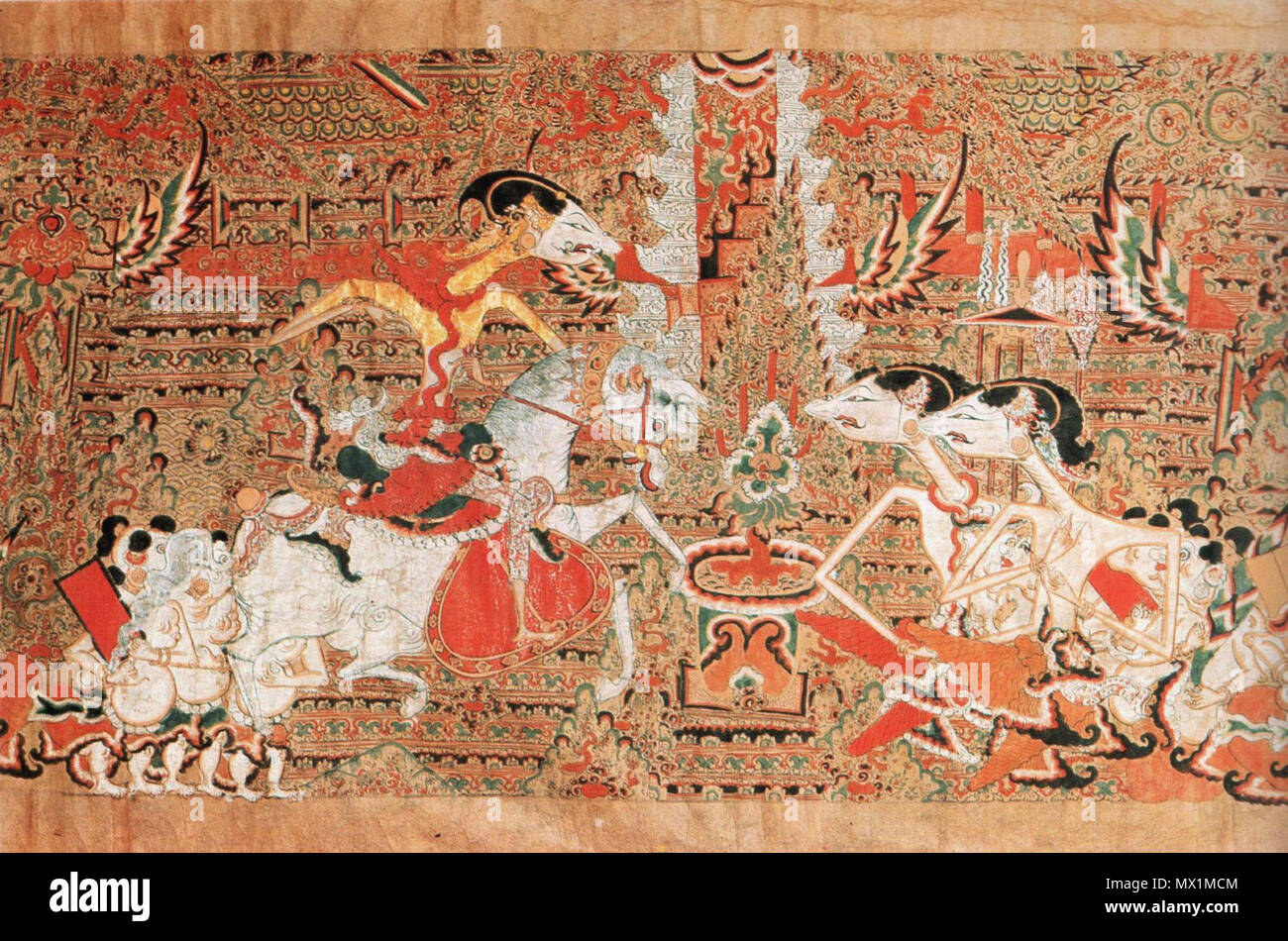 English Wayang Beber Geleran Picture Roll 1 Scene 3 Raden Gunung Sari On Horse Says Goodbye To His Advisers Tratag And Gimeng Before Travelling To Princess Kumuda Ningrat Deutsch Wayang Beber