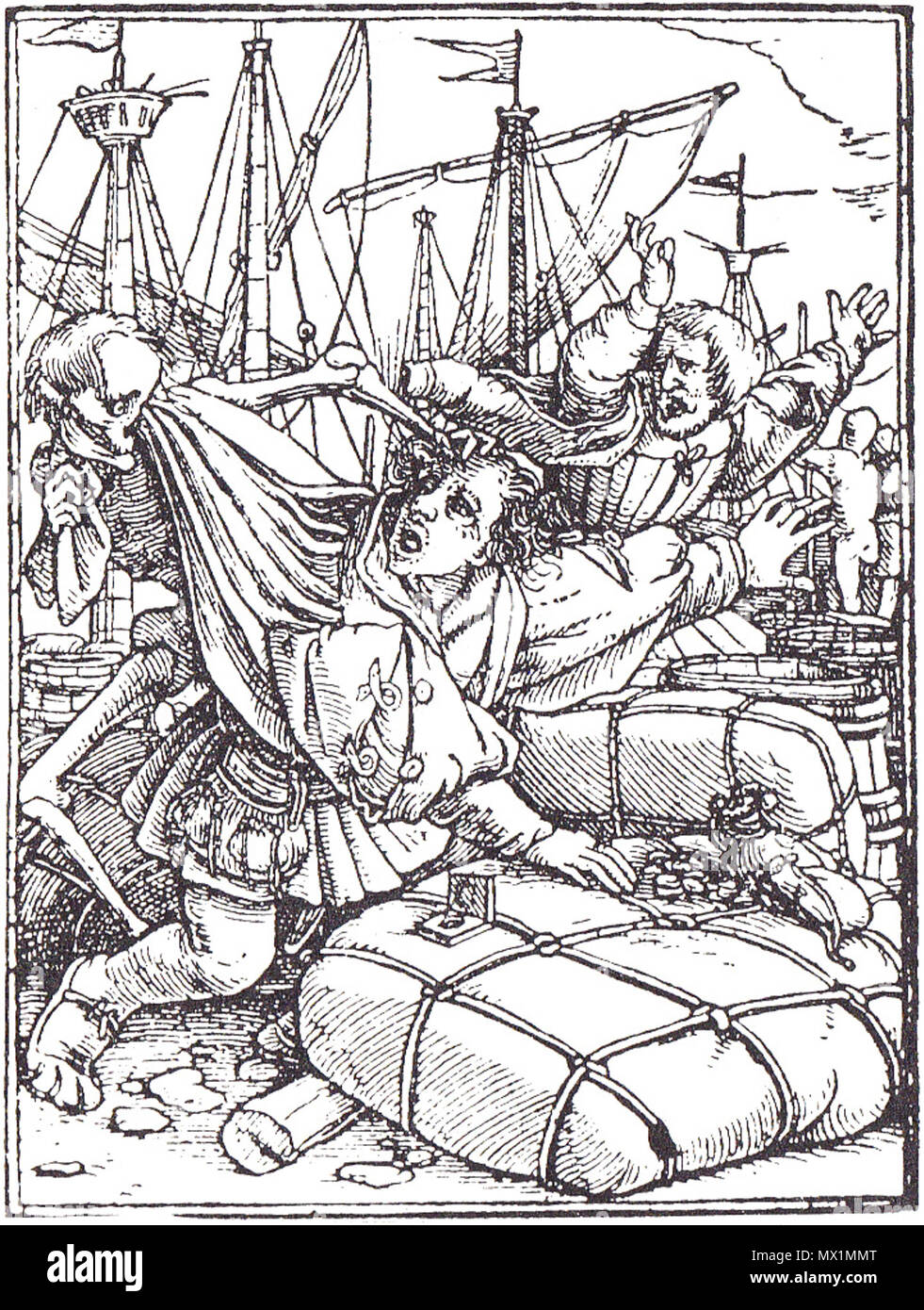 . English: Death and the merchant. From Dance Macabre, by Hans Holbein ...