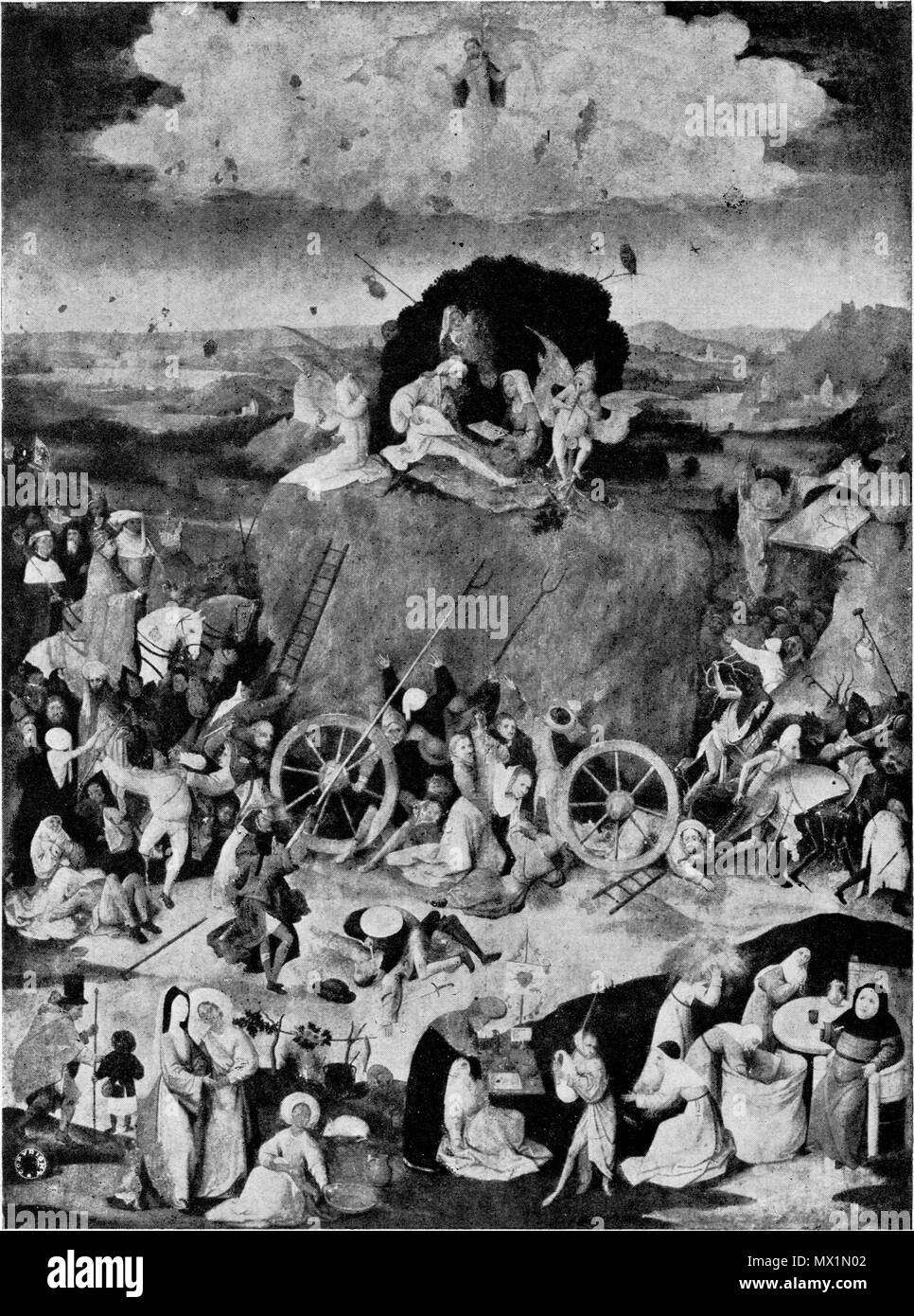 . Nederlands: De hooiwagen, middenpaneel. circa 1515.   Hieronymus Bosch  (circa 1450–1516)      Alternative names Jheronimus Bosch, Jheronimus van Aken, Jheronimus van Aeken, Jheronimus Anthonissoen van Aken  Description Flemish painter and drawer  Date of birth/death circa 1450 9 August 1516 (buried)  Location of birth/death 's-Hertogenbosch 's-Hertogenbosch  Work period 1474-1516  Work location 's-Hertogenbosch  Authority control  : Q130531 VIAF: 76401424 ISNI: 0000 0001 2102 478X ULAN: 500000759 LCCN: n79004071 NLA: 35020462 WorldCat 596 The Haywain Triptych, Escorial, central panel (Verme Stock Photo