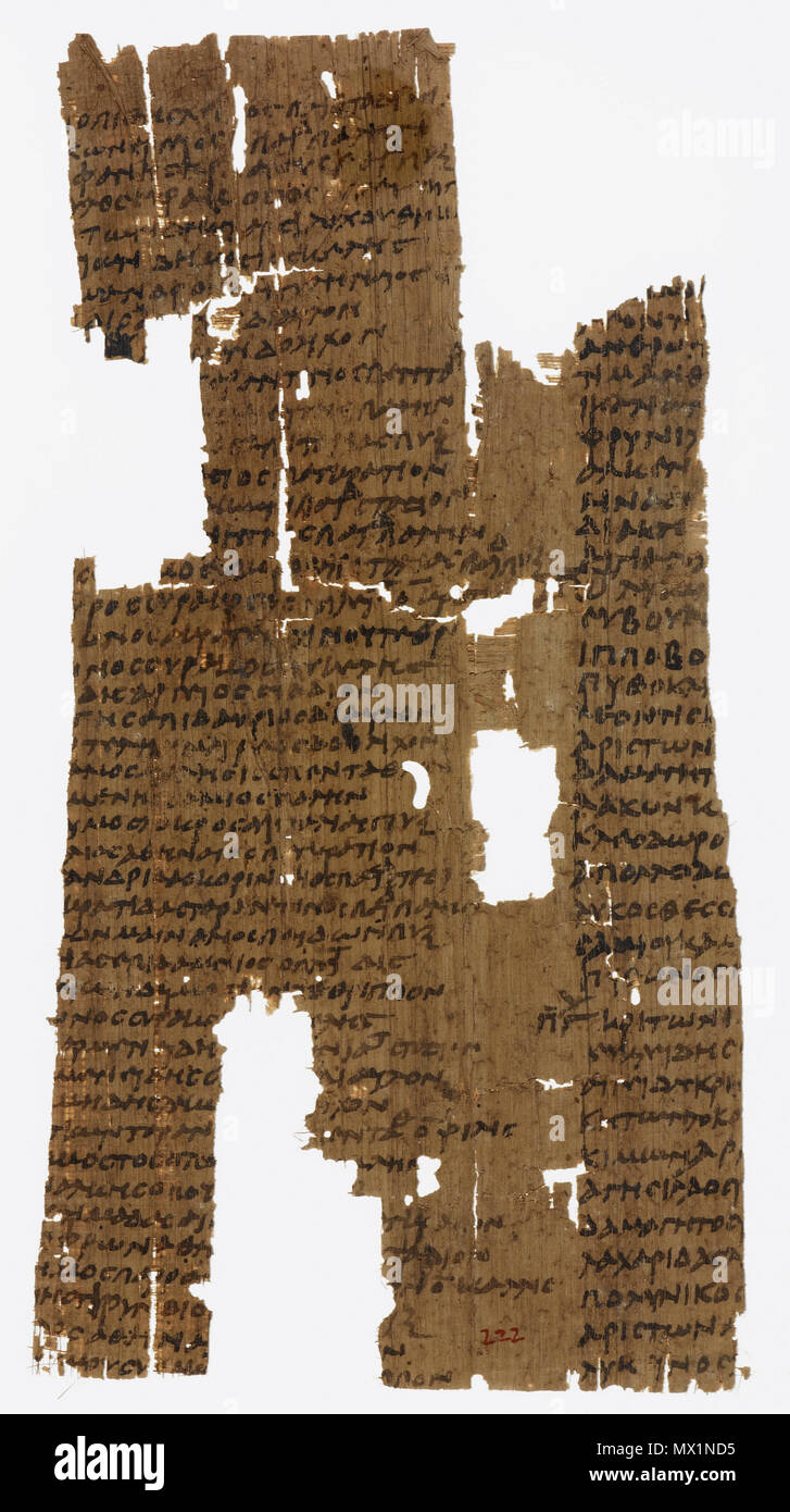 . Ancient list on Papyrus 1185 of Olympic victors of the 75th to the 78th, and from the 81st to the 83rd Olympiads (480–468 BC, 456–448 BC). Thirteen events listed: stadion run, wrestling, boxing [these three also for boys], two stadia run, dolichos (2000 metres), pentathlon, pancration, hoplite run in armour, four horse chariot race, horse-riding. 3rd century AD. unknown ancient writer 456 Olympic victors on Papyrus 1185 Stock Photo