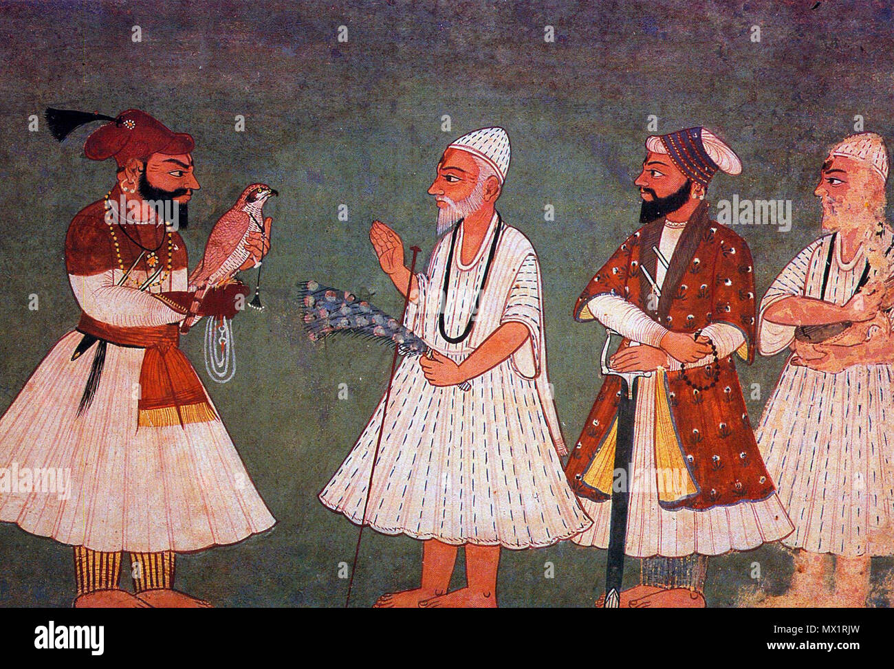 . Guru Gobind Singh (with bird) encounters Guru Nanak Dev. An 18th century painting of an imaginary meeting. 18th century. Unknown 258 Guru Gobind Singh meets Guru Nanak Dev Stock Photo