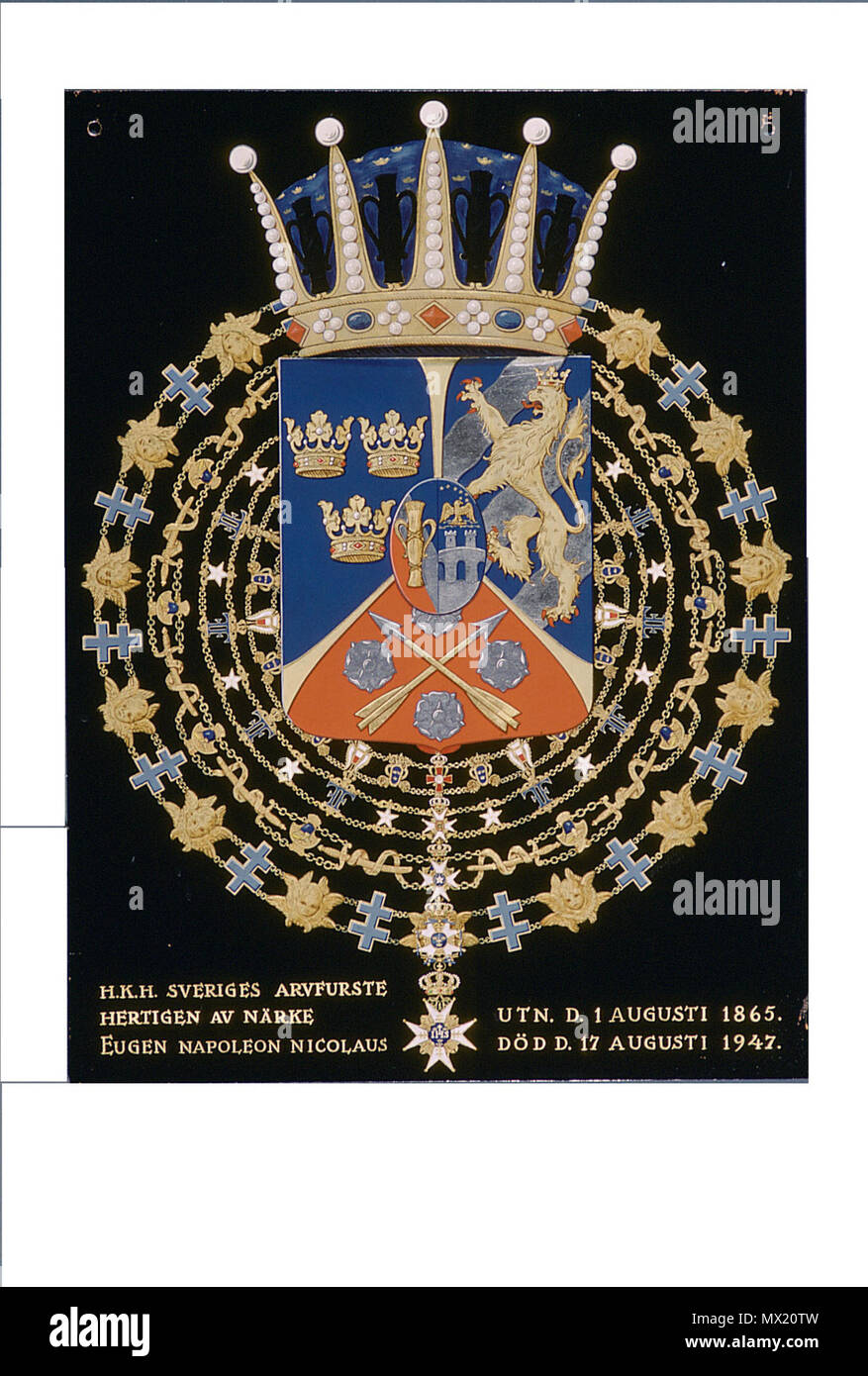 . Français : Armoiries du Prince Eugene de Suède-Norvège . 24 October 2012, 10:48:28. Per Nordenval 573 Stallplate of Eugen, Prince of Sweden and Norway, as a Knight of the Order of the Seraphim Stock Photo