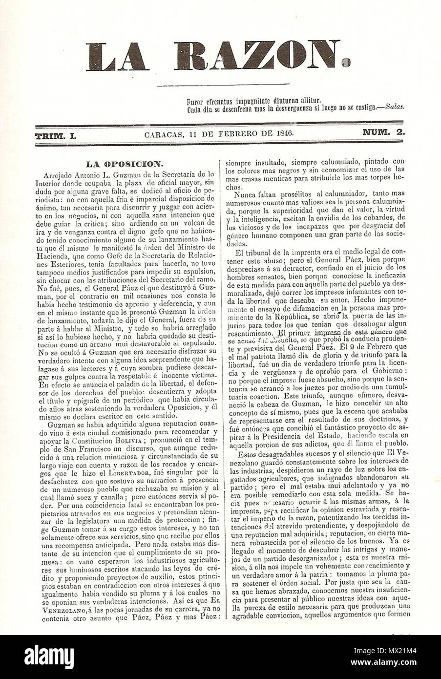 . Español: Prensa Venezolana del siglo XIX: La Razon 1846 . 1846. Unknown 355 La Razon 1846 000 Stock Photo