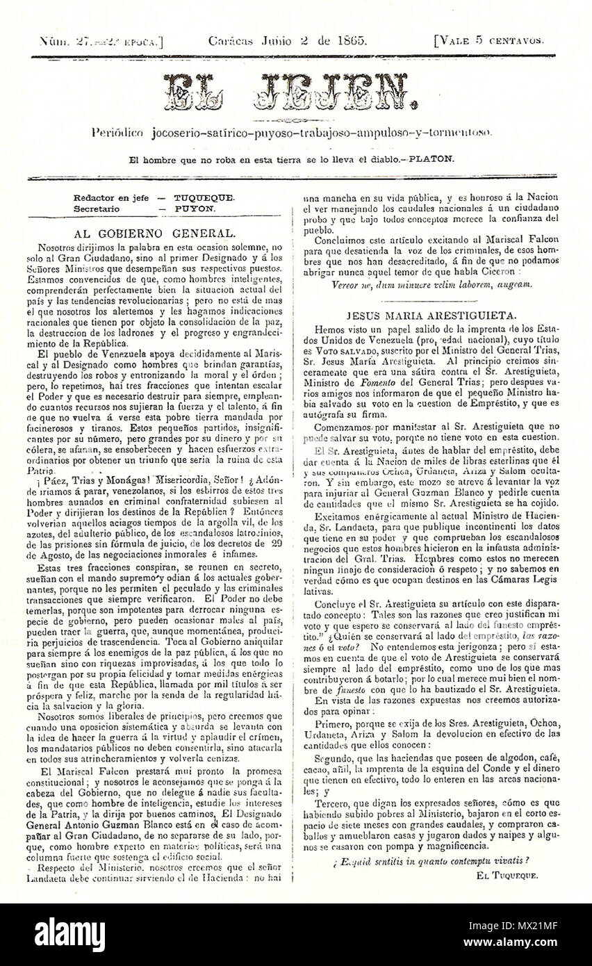 . Español: Prensa Venezolana del siglo XIX: El Jejen 1865 . 1865. Unknown 182 El Jejen 1865 000 Stock Photo