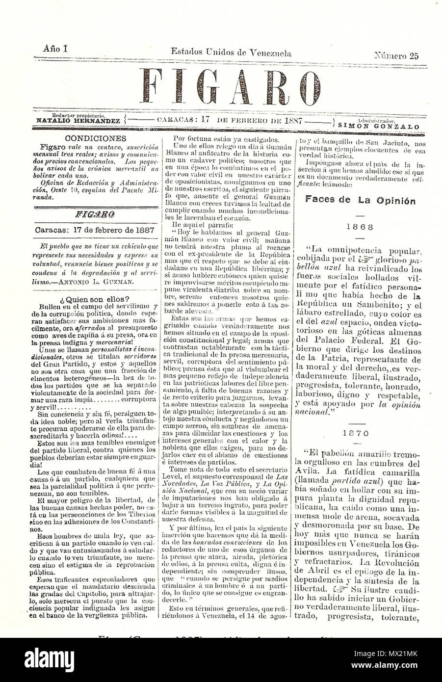 . Español: Prensa Venezolana del siglo XIX: El Figaro 1887 . 1887. Unknown 182 El Figaro 1887 000 Stock Photo