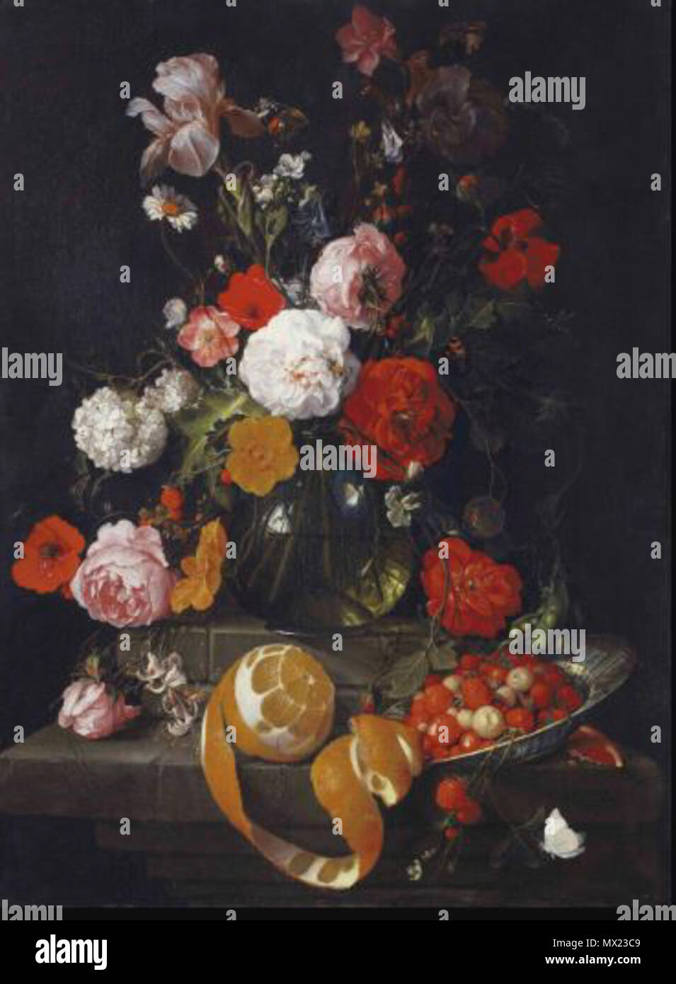 . Roses, poppies, lillies and other flowers in a glass vase on a stone shelf, a peeled orange and raspberries in a Wan Li bowl on a stone ledge below 529 Roses, poppies, lillies and other flowers in a glass vase on a stone shelf, a peeled orange and raspberries in a Wan Li bowl on a stone ledge below Stock Photo