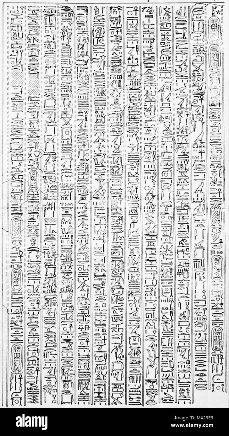 . Great Hymn to Aten . drawing of Egyptian inscription from XIV BC published in 1908. Amehotep IV (Akhenaten), found in N. de G. Davies, The Rock Tombs of El Amarna, part VI, 'The Egypt Exploration Fund' (London, 1908) 61 Aten worship - Great Hymn to Aten2 Stock Photo