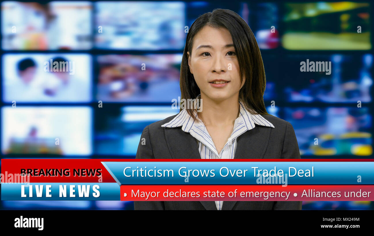 Asian American anchorwoman with lower thirds, TV news broadcast concept Stock Photo