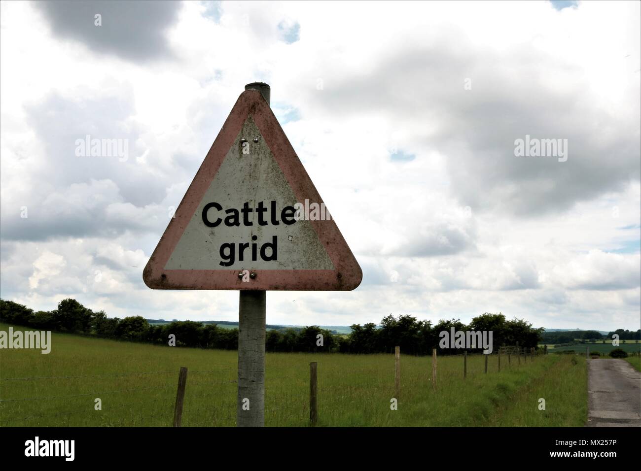 'Cattle Grid' warning triangle sign in the countryside UK Stock Photo