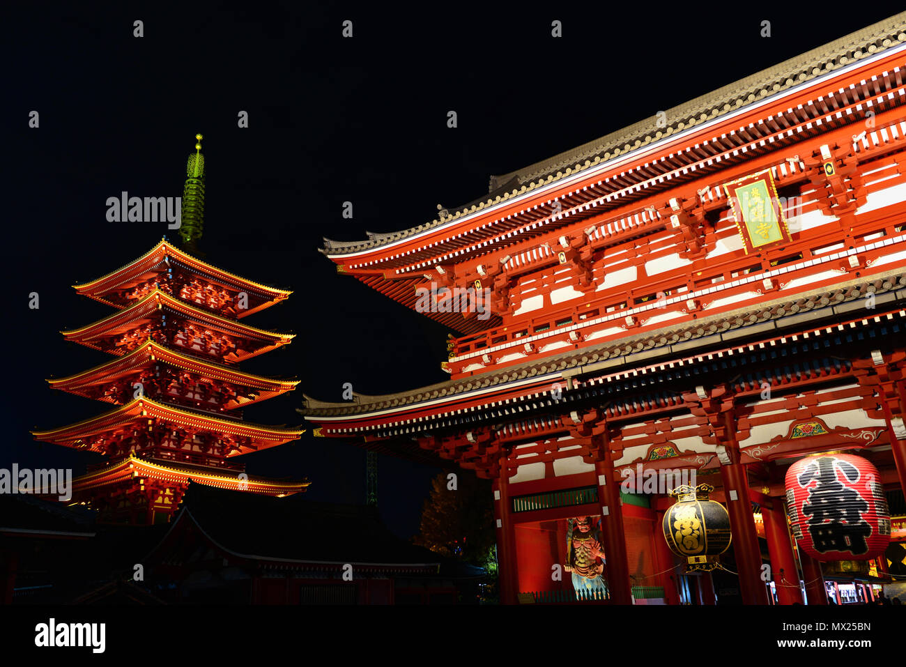 Night view of Senso-ji Temple ancient pagoda and gate in Asakusa Stock Photo