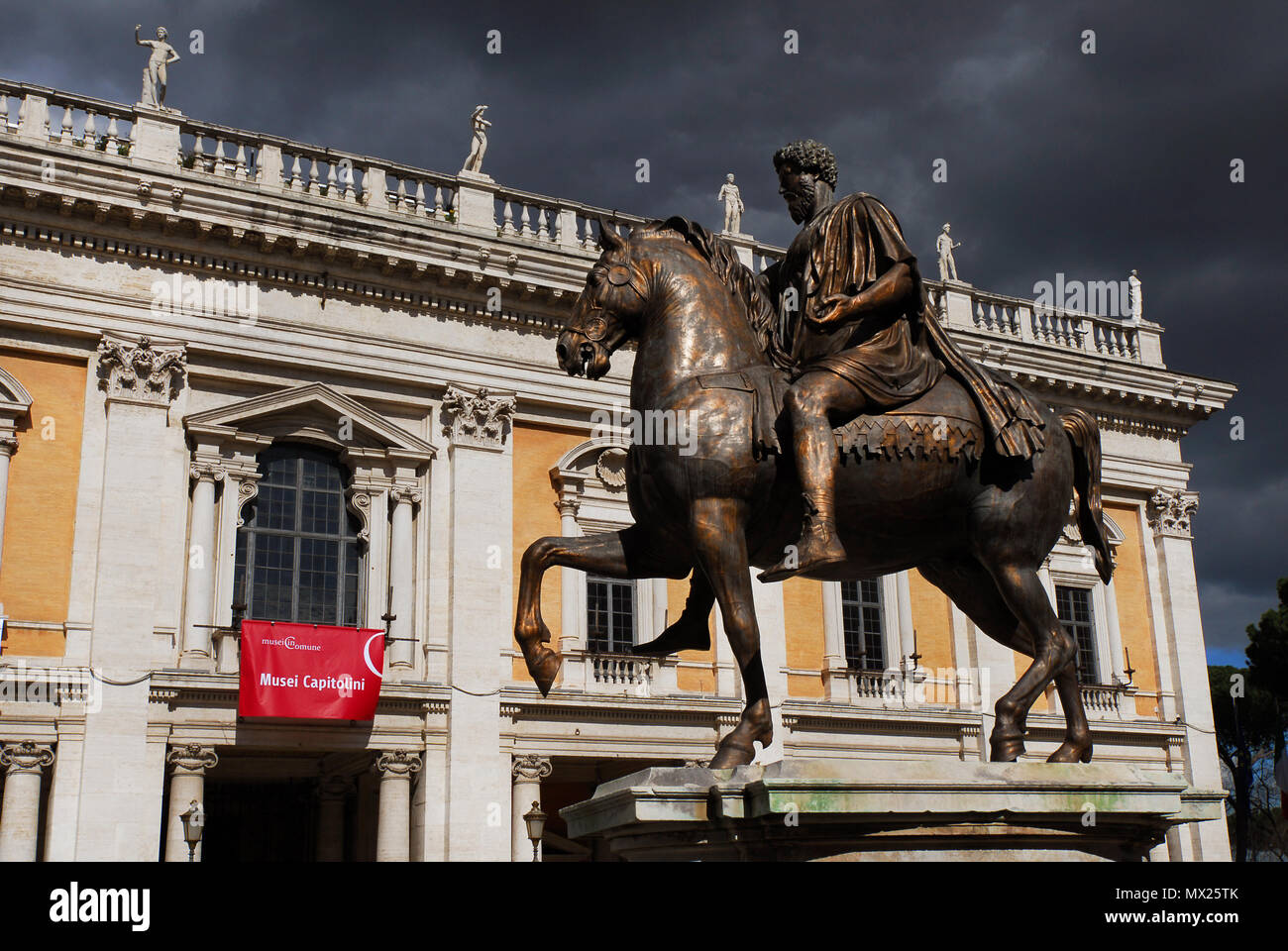 Capitoline Museums in the center of Rome, the most ancient public museum in the world, with the equestrian statue of roman emperor Marcus Aurelius and Stock Photo