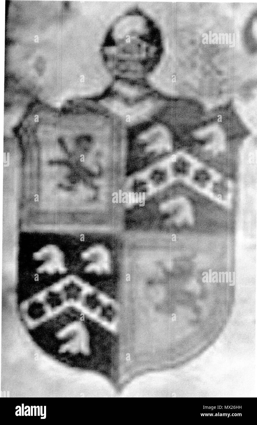 . English: A coat of arms taken from an old whisky bottle. Quarterly, 1 and 4 Or a lion rampant sable within a double tressure flory and counterflory gules, 2 and 3 Sable a chevron argent charged with five cinquefoil sable between three horses’ heads erased argent . circa 1890. Unknown 103 Buchanan Whisky c1890 Stock Photo