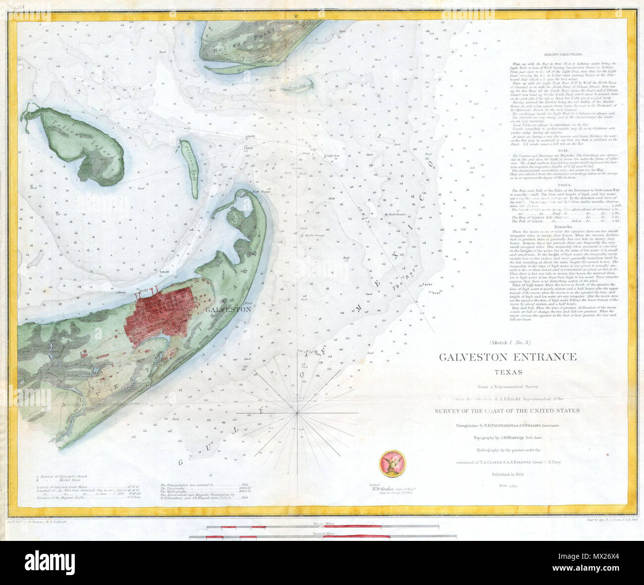 . (Sketch 1 No. 3) Galveston Entrance Texas.  English: A rare hand colored 1853 costal chart of Galveston harbor, Texas and the finest chart in this series. Includes detailed sailing instructions, depth soundings, and impressive inland detail of the city of Galveston and vicinity. Triangulations were accomplished in 1848 by R.H. Fauntleroy and J.S. Williams, the topography was accomplished in 1849 & 1850 by J.M. Wampler, while the hydrography was under the direction of T.A. Craven and A.S. Baldwin in 1851 and 1852.. Published under the direction of A. D. Bache for the 1853 Report of the Superi Stock Photo