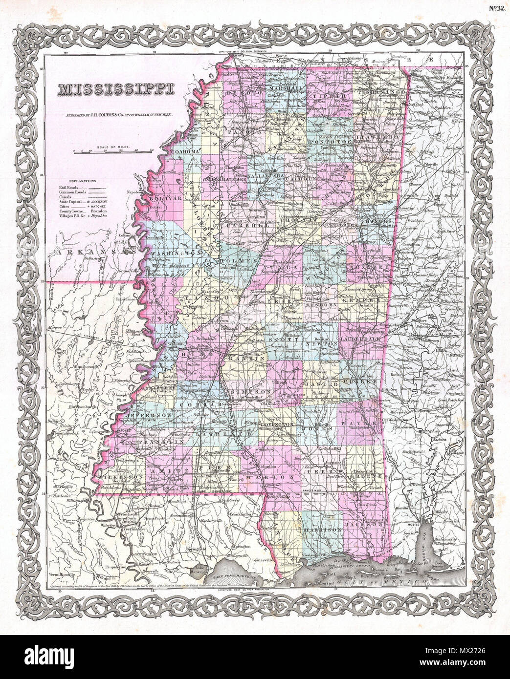 Mississippi English A Beautiful 1855 First Edition Example Of Colton S Map Of Mississippi Covers The Entire State As Well As Adjacent Parts Of Louisiana And Alabama Like Most Of Colton S State