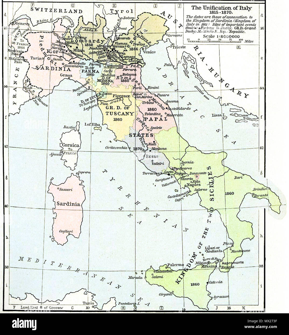 . English: Map of unification of Italy, 1815-70 . 17 December 2005 (original upload date). The original uploader was Känsterle at Dutch Wikipedia 302 Italy unification 1815 1870 Stock Photo