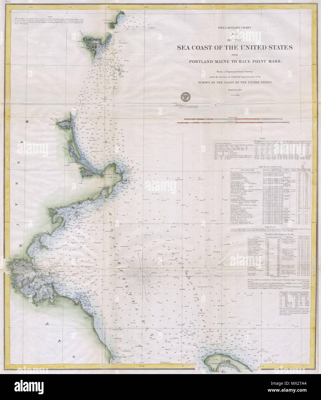 . Preliminary Chart No. 3 of the Sea Coast of the United States from Portland Maine to Race Point Mass.  English: A rare hand colored 1857 coastal chart of the Massachusetts coast line. Covers from Howland’s Ledge (south of Boston) north through Boston Proper, Minot’s Ledge, north past Nahaset, Lynn, Beverly, Salem to Gloucester and Cape Ann, Essex, Ipswich, Newburyport all the way to Portsmouth New Hampshire. Includes Provincetown and the northernmost part of Cape Cod. Detailed depth soundings and sailing references, including lighthouses, throughout. The left side of the map includes detail  Stock Photo