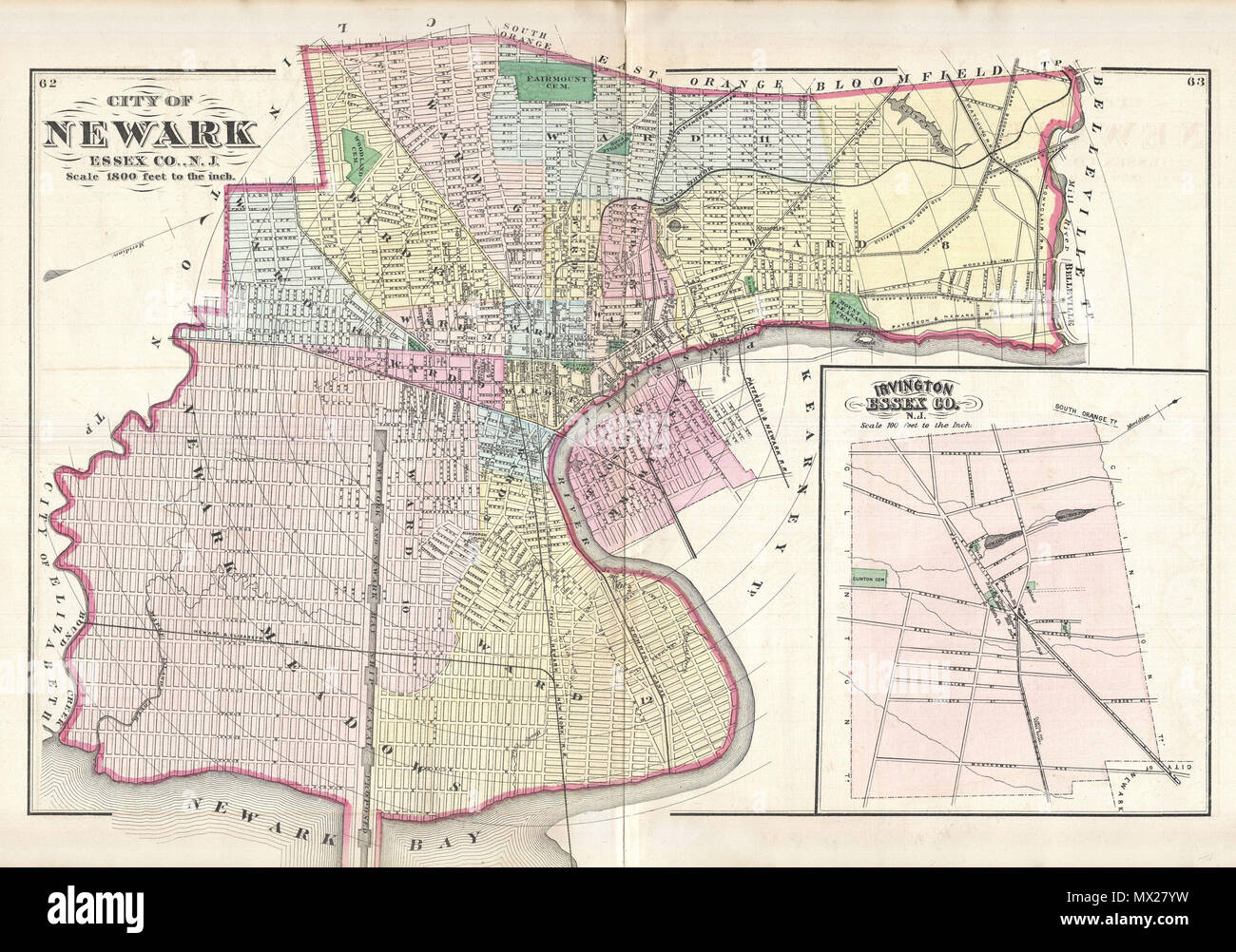 City of Newark Essex Co., N.J. English: A fine example of the 1872 map of  Newark, New Jersey by F. W. Beers. Covers the center of Newark from  Elizabeth to Belleville