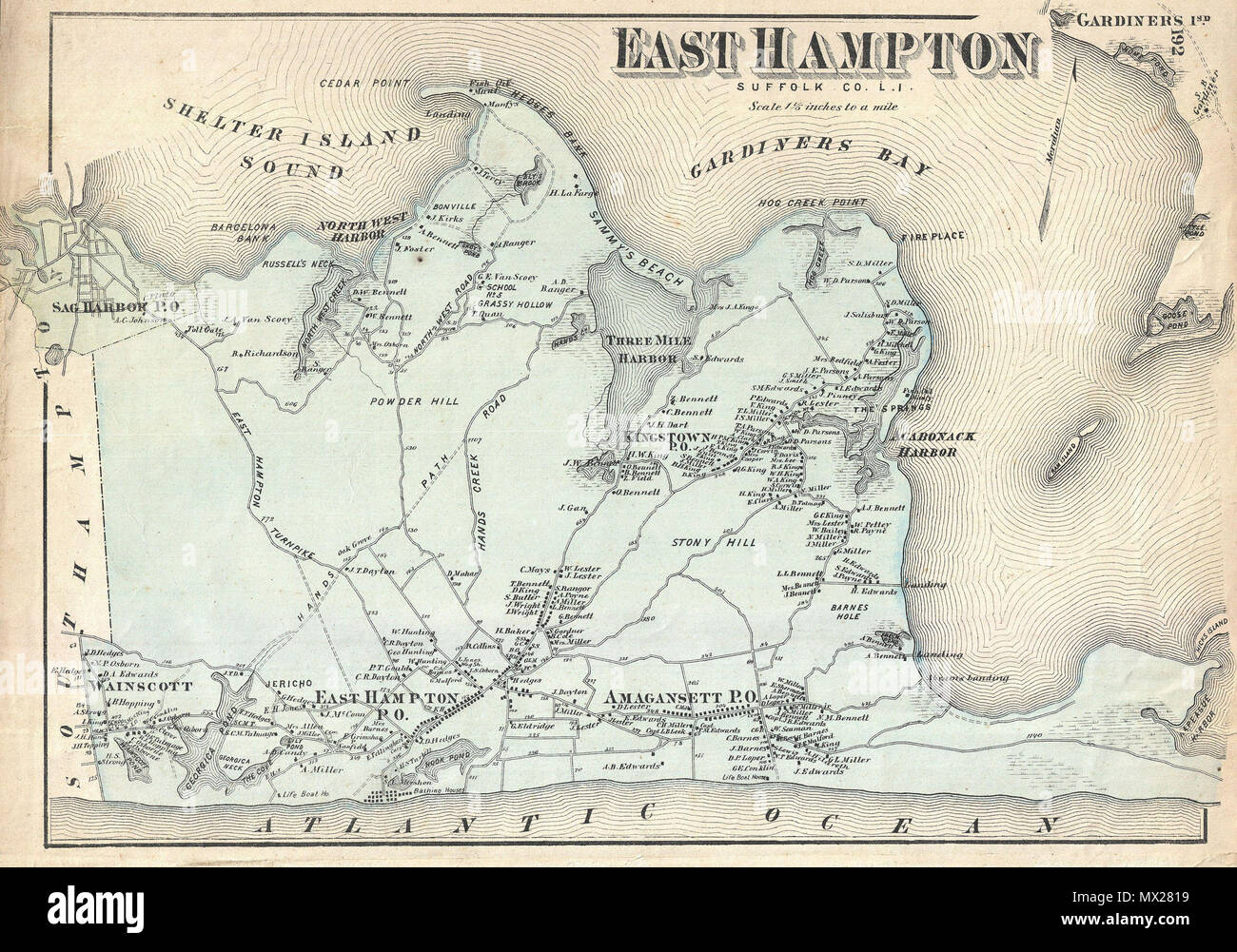 East Hampton Suffolk Co L I English A Rare Example Of Fredrick W Beers Map Of East Hampton Long Island New York Published In 1873 This Magnificent Map Covers The South Fork