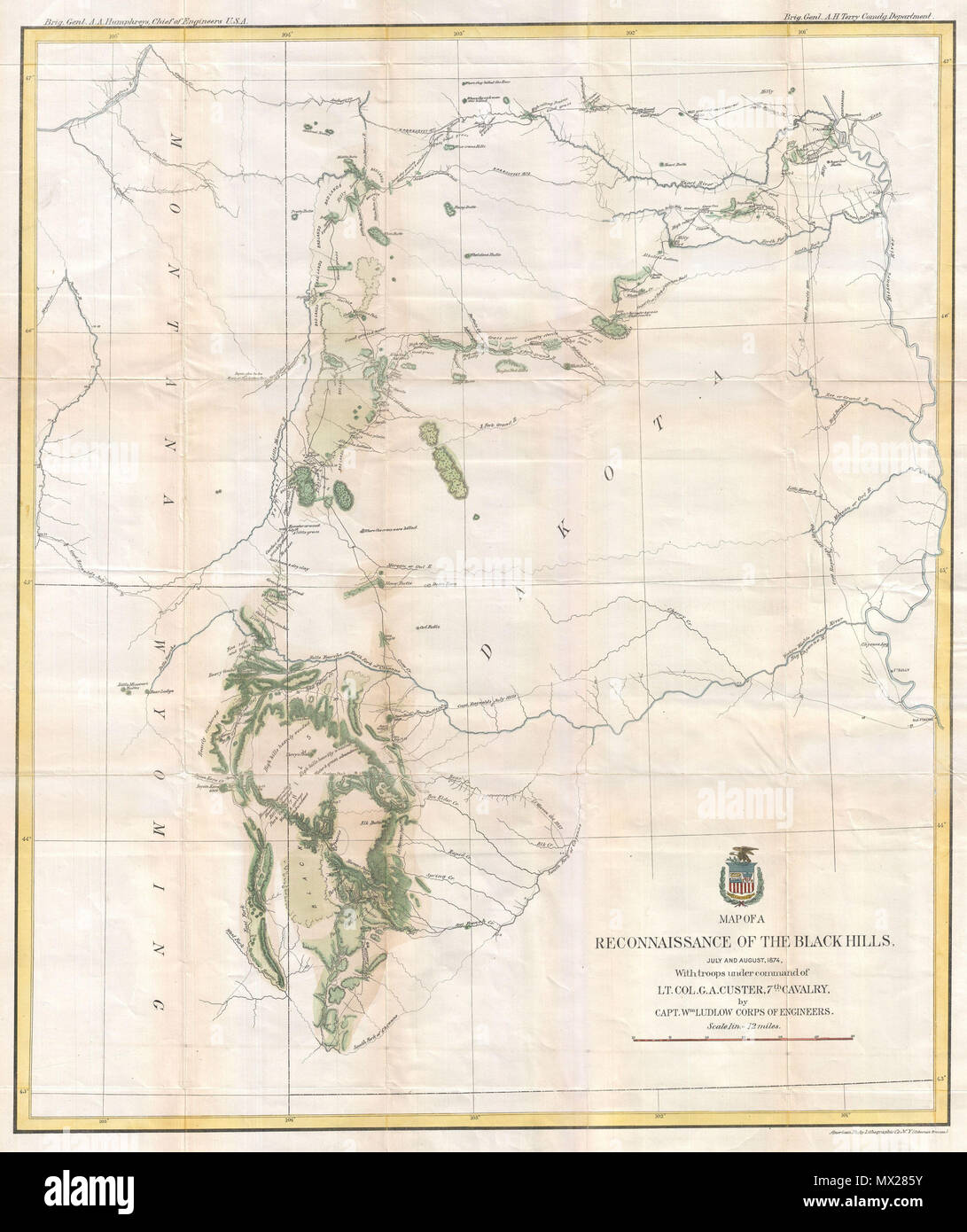 . Map of a Reconnaissance of the Black Hills, July and August, 1874, With troops under command of Lt. Col. G. A. Custer, 7th Cavalry, by Capt. Wm Ludlow Corps of Engineers. English: George Armstrong Custer and William Ludlow's seminal 1874 map of the Black Hills, Dakota Territory, covering from the Missouri to the Powder River and from the 47th to the 43rd parallel. In 1874 one thousand cavalrymen under the command of Lt. Col. George Armstrong Custer moved into the Black Hills region of Dakota Territory. Though officially American Indian territory according to the 1868 Treaty of Laramie, rumo Stock Photo