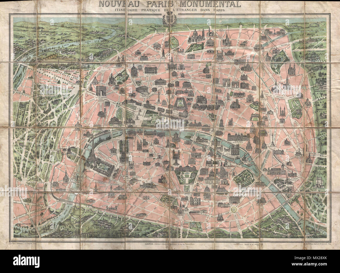 . Nouveau paris Monumental Intineraire Pratique de L'Etranger dans Paris.  English: This is an extremely attractive 1900 tourist pocket map of Paris, France. Published by Garnier Freres, this is most likely the 1900 first edition. Covers the walled city of Paris and the immediate vicinity from Billancourt to Aubervilliers and from Puteau to Charenton. Important buildings are shown in profile, including the Eiffel Tower, the Arc de Triomphe, Sacre-Coeur, the Pantheon, and others. This map was issued in various editions from, roughly 1900 to 1937. Though most examples are undated we can assign a Stock Photo