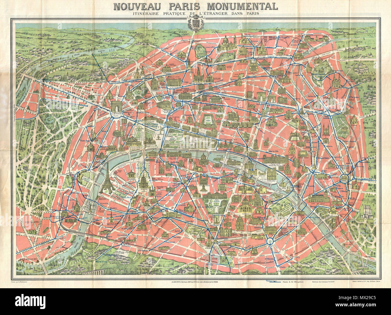 . Nouveau Paris Monumental Inineraire Pratique de L'Etranger Dans Paris.  English: A highly decorative map of Paris dating to c. 1910. Covers the historic center of Paris as well as some of the surrounding countryside - in particular the Bois de Boulogne. Designed with the tourist in mind, this map shows all major monuments and historic attractions, including the Eiffel Tower, in profile. Train and tram lines are noted in blue. Folds into original art nouveau style red binder which also contains a short guide to the city in English, French and German. . 1910 (undated) 12 1910 Leconte Monument  Stock Photo