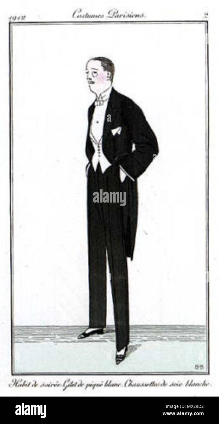 Fashion plate of men s evening wear. Caption on image 1912. Costumes Parisiens. 2. Habit de soiree. Gilet de pique blanc. Chaussettes de soie blanche. 1912. Unknown 12 Mens evening wear costumes paris...
