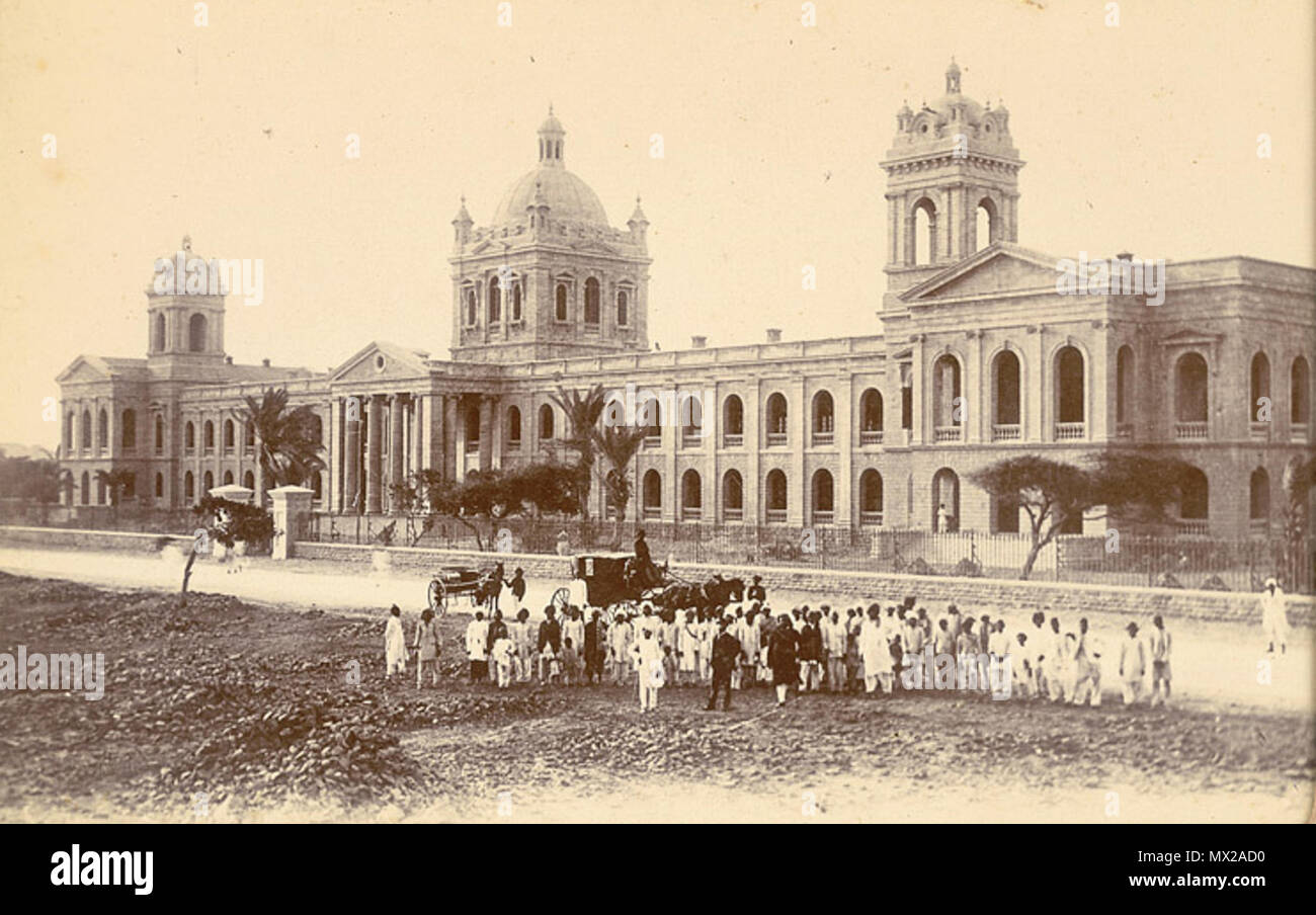 . English: Photograph of the D.J. Sind Arts College (now known as the D. J. Government Science College) of Karachi, taken by an unknown photographer, c.1893, from an album of 46 prints titled 'Karachi Views'.  Designed by James Strachan and considered this architect's greatest achievement, the college was built between 1887 and 1893. Named after the Sindhi philanthropist Dayaram Jethmal, whose two family members contributed towards its cost, the building was constructed in the neoclassical, or Italian architectural style. A considerable amount of money was spent on the interior of the college; Stock Photo