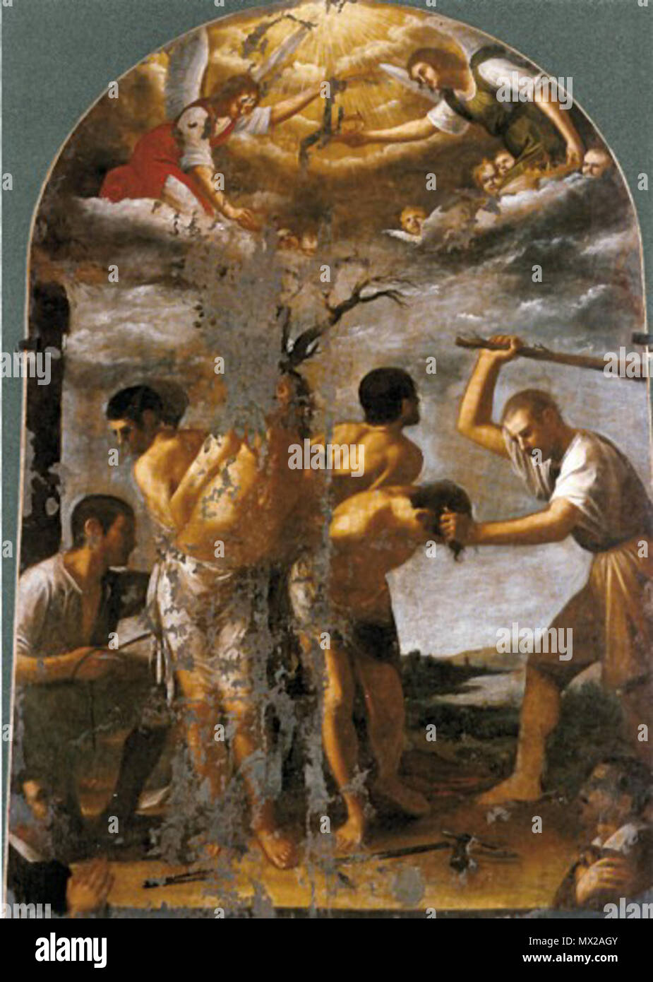 English: Martyrdom of Four Crowned Martyrs, painting by Mario Minniti in  San Pietro dal Carmine, at Siracusa, Sicily . circa 1620. Minitti, Mario 17  4coronati-mariominitti1600 Stock Photo - Alamy