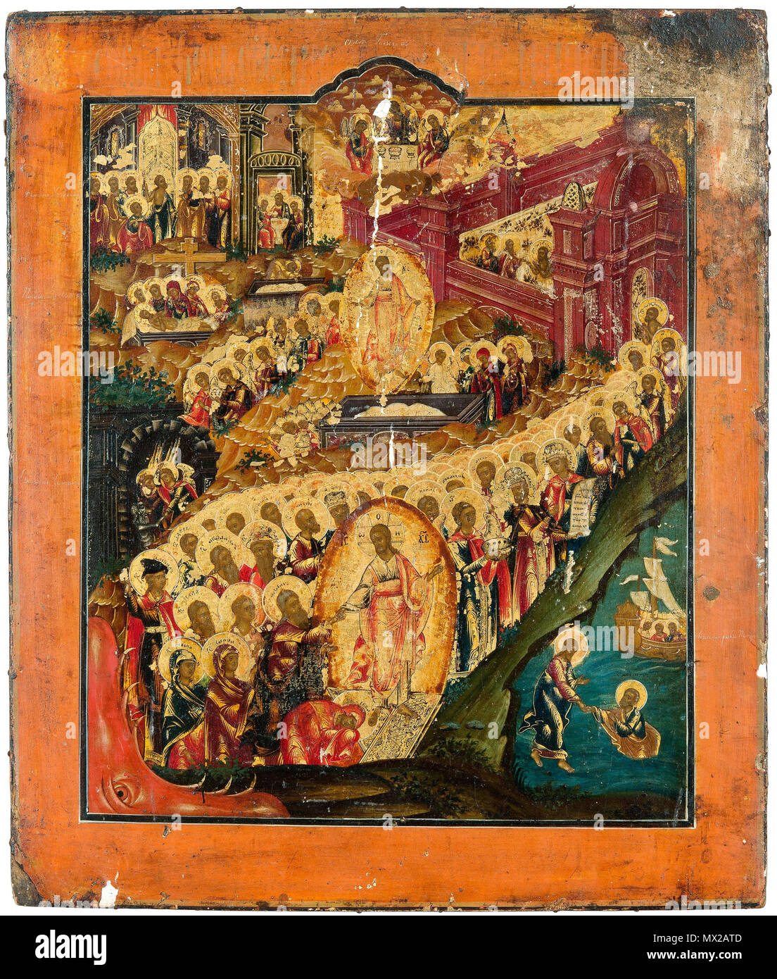 . English: Icon. Resurrection of Christ and Descent into hell with the Feasts and Saints. Tempera on woodpanel. Russia late 19th century. 45x38 cm. Русский: ИКОНА. «Воскресение Христа – Сошествие во ад, с праздниками и избранными святыми». Конец 19 в. Темпера, дерево. Размеры: 45х38 см. 19th century. Unknown 518 Resurrection of Christ and Descent into hell with the Feasts and Saints Stock Photo