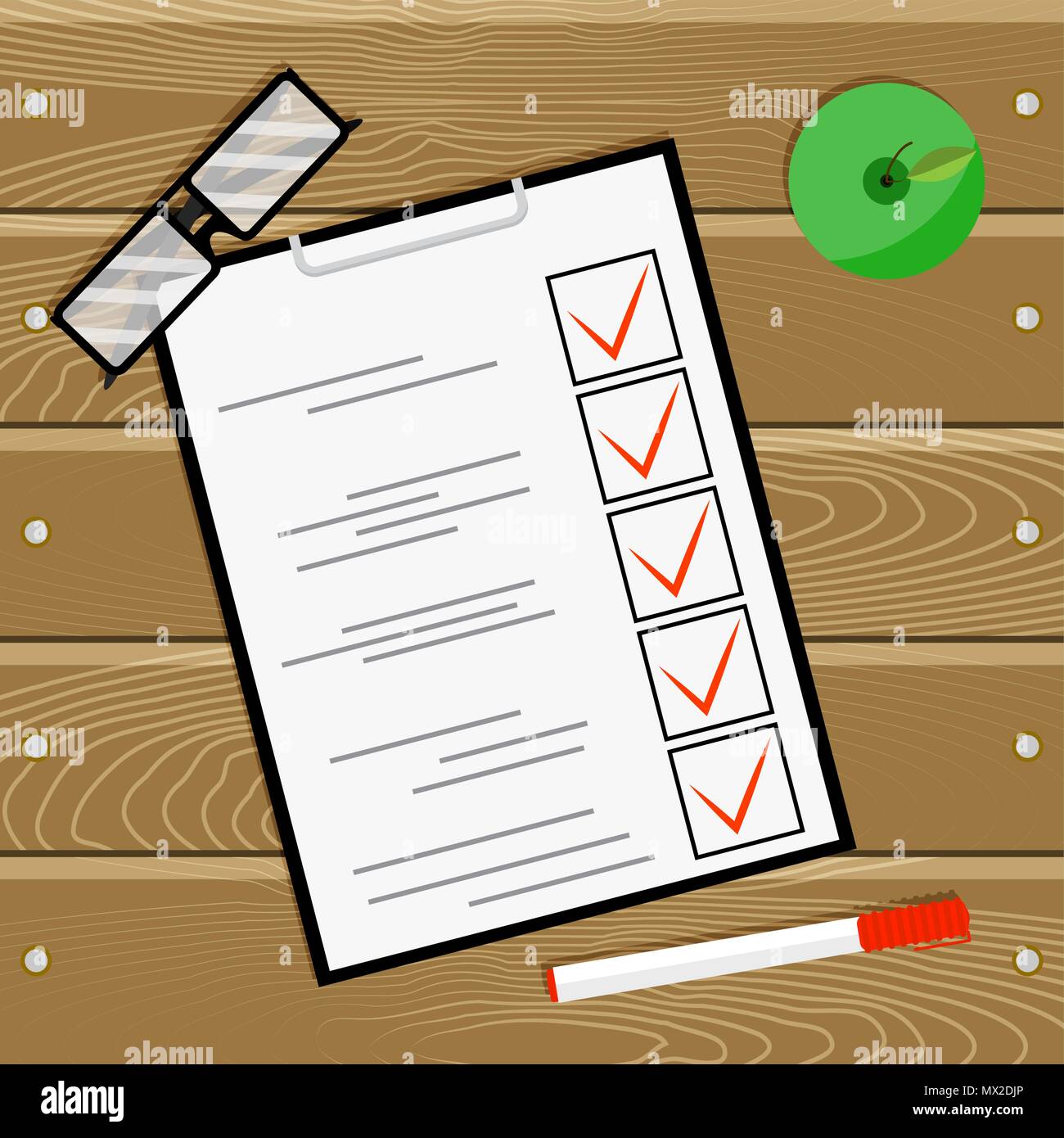 Examination test questionnaire on wooden table. Education test, examination for learning and educate. Vector illustration Stock Vector