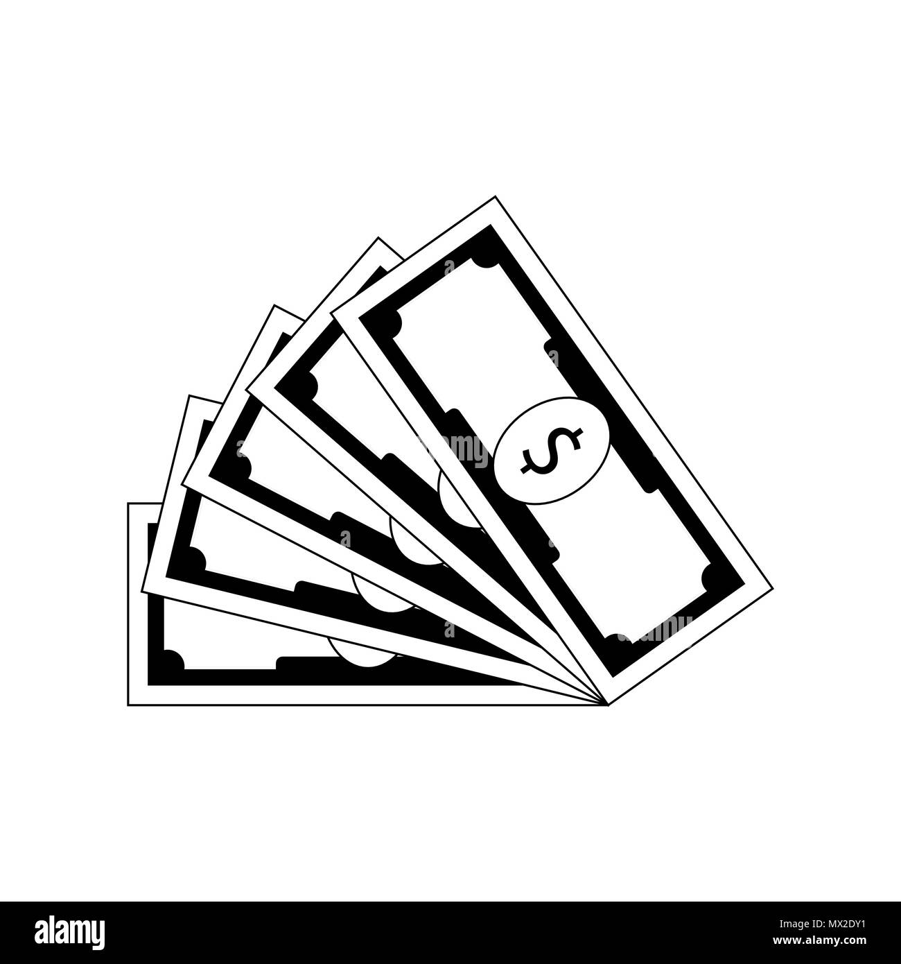 Fan banknote dollar black white. Cash bill dollar, banknote wage, bundle profit, vector illustration Stock Vector