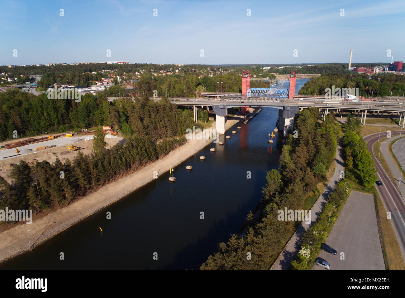 Sodertalje, Sweden - May 26, 2016: Aerial view of the Sodertalje canal towards the entrance from the Baltic Sea with three bridges crossing the canal Stock Photo