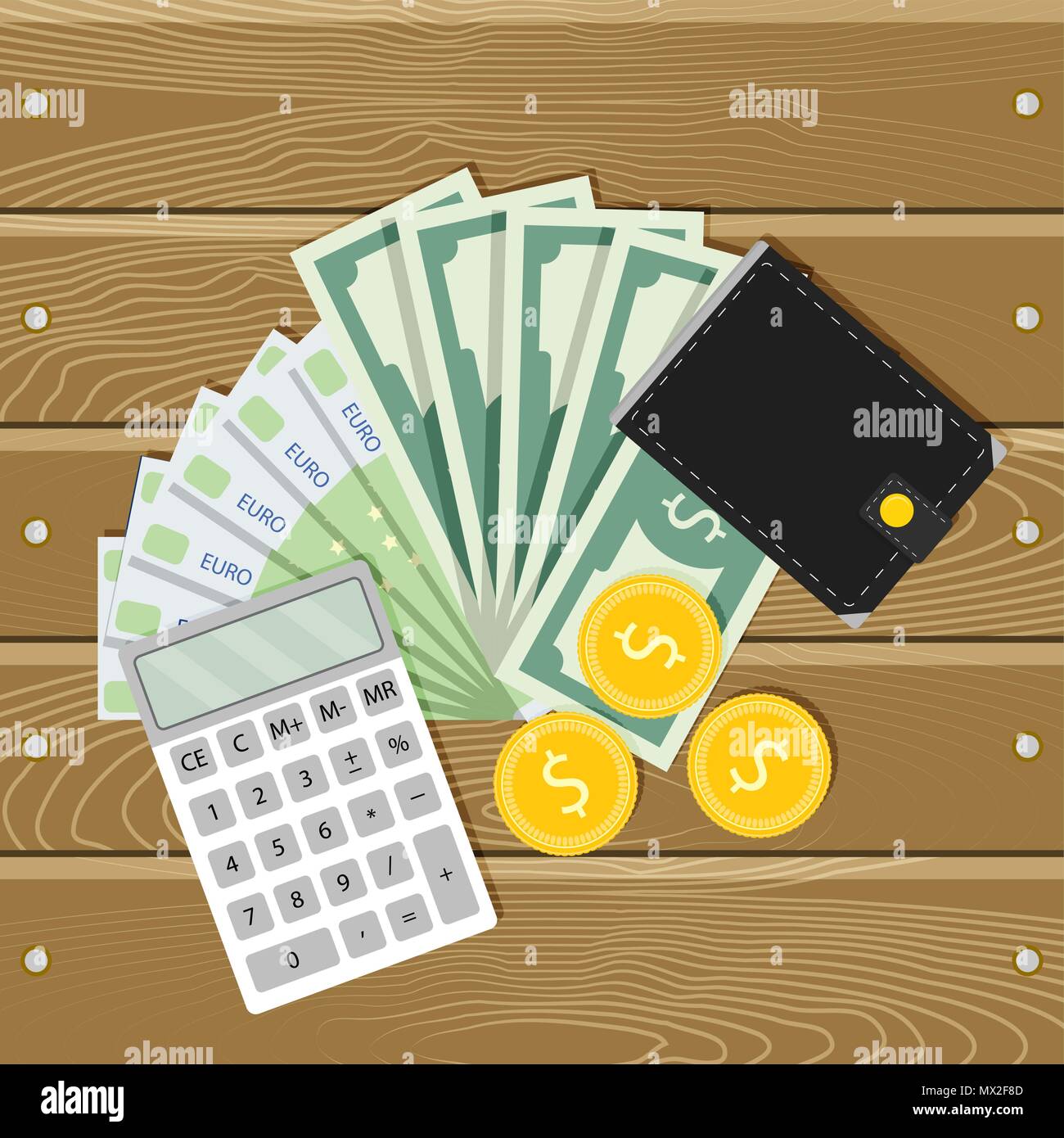 Finance money, banknote and coin. Wallet and calculator. Vector cash income, accounting budget, financial balance illustration Stock Vector
