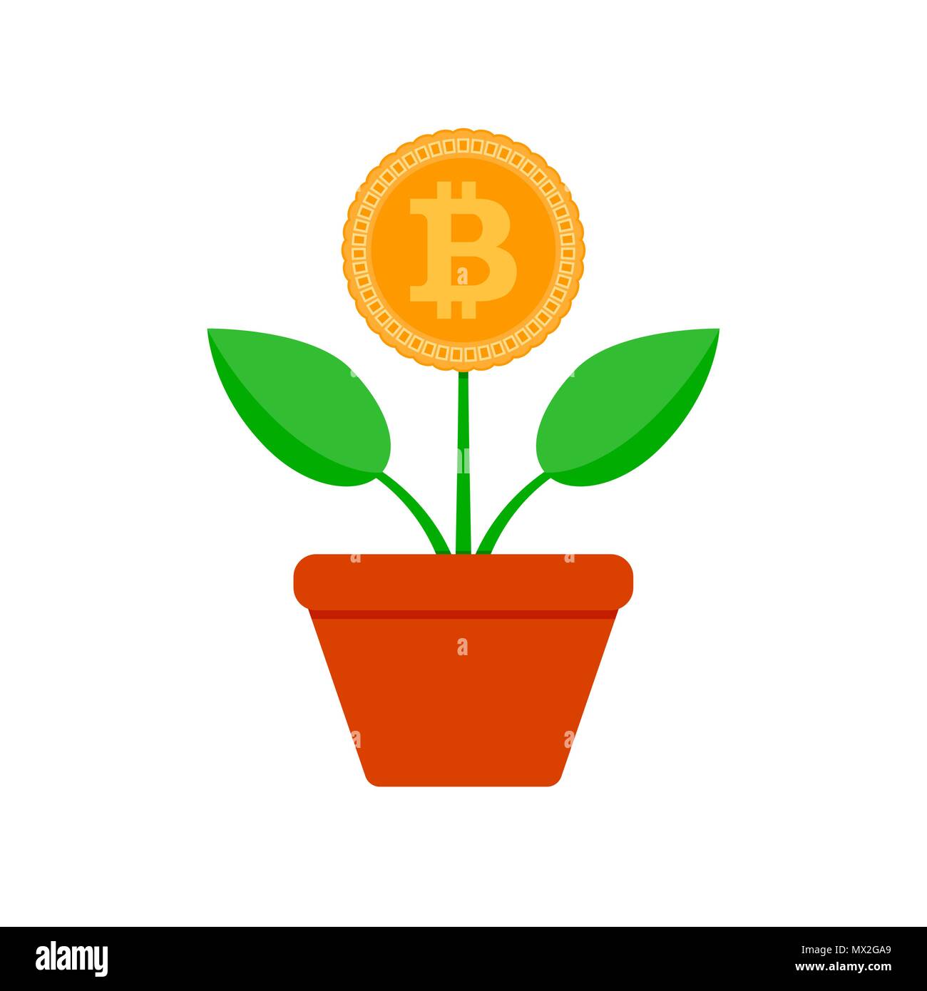 Growth bit coin. Crypto potted plant. Vector bitcoin finance, financial crypto growing, btc profit increase illustration Stock Vector