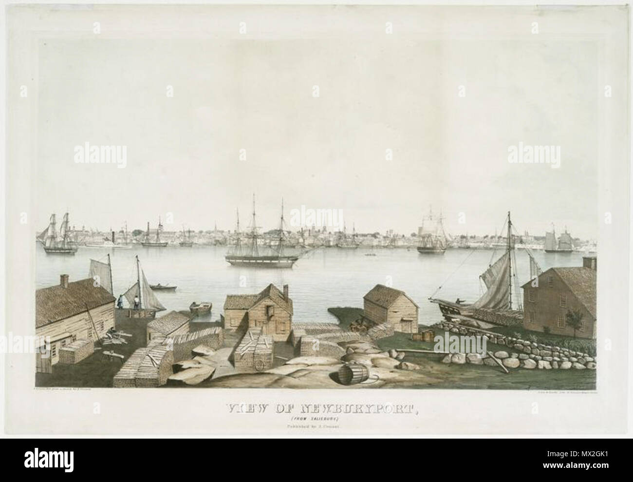 . Image Title: View of Newburyport, (from Salisbury.) Creator(s): Lane, Fitz Hugh, 1804-1865 -- Artist Conant, Alban Jasper, 1821-1915 -- Artist Additional Name(s): Conant, Alban Jasper, 1821-1915 -- Publisher Lane and Scott's Lithography -- Printer Of plates Published Date: [1846] Depicted Date: [1846] Medium: Lithographs -- Hand-colored Specific Material Type: Prints Item Physical Description: 1 print : tinted lithograph with hand coloring ; 40.6 x 64.4 cm. Standard Reference: Deák 546; Stokes P.1846-48-F-54 Source: New York Public Library. I.N. Phelps Stokes Collection of American Historica Stock Photo