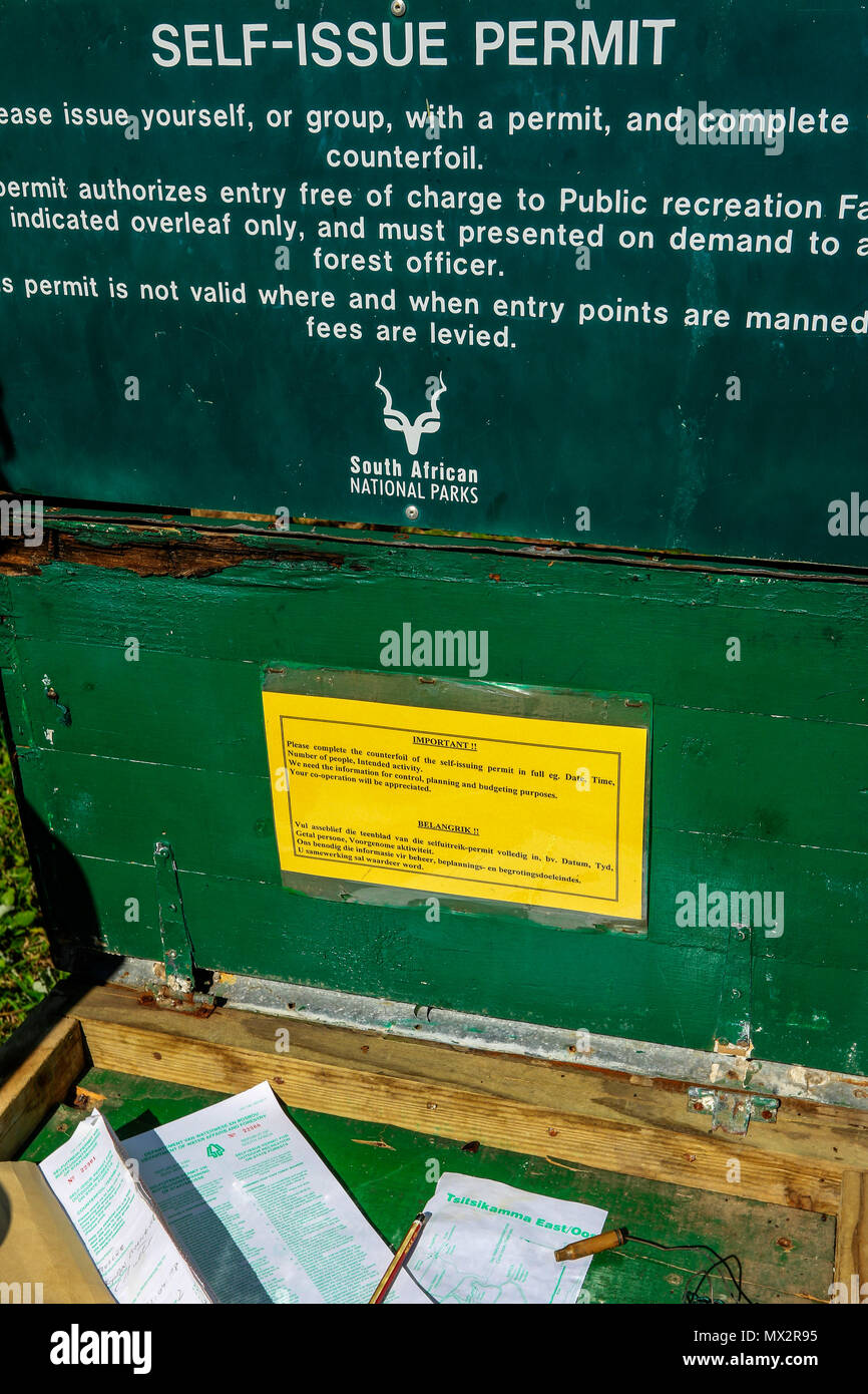 Self issue permit station at the head of the Goesa trail in the Tsitsikamma National Park, Garden Route, Cape, South Africa Stock Photo