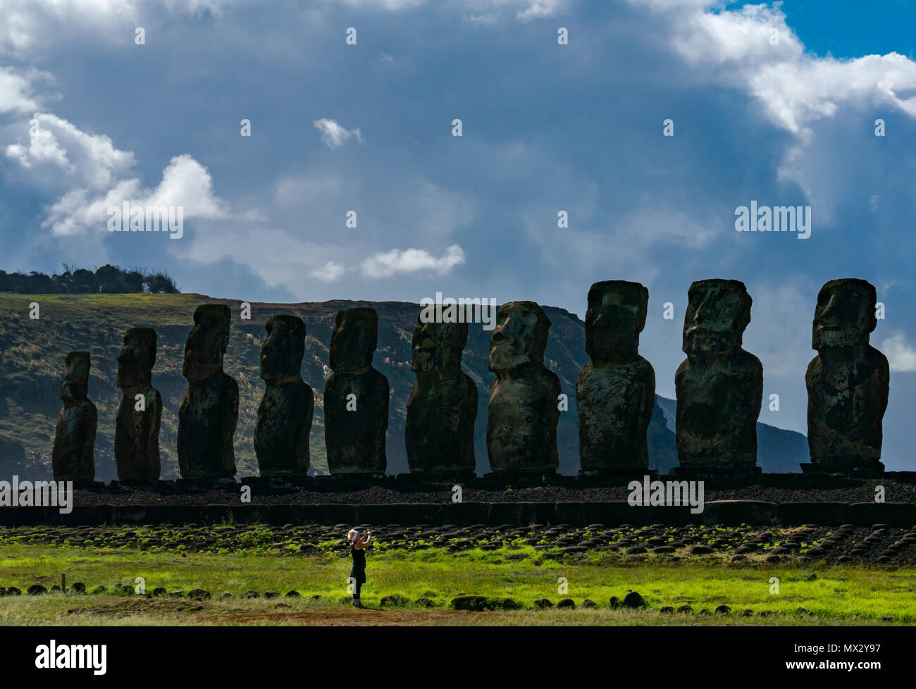 Tongariki Moai, largest reconstructed Ahu, with tourist taking a photo, Easter Island, Rapa Nui, Chile Stock Photo