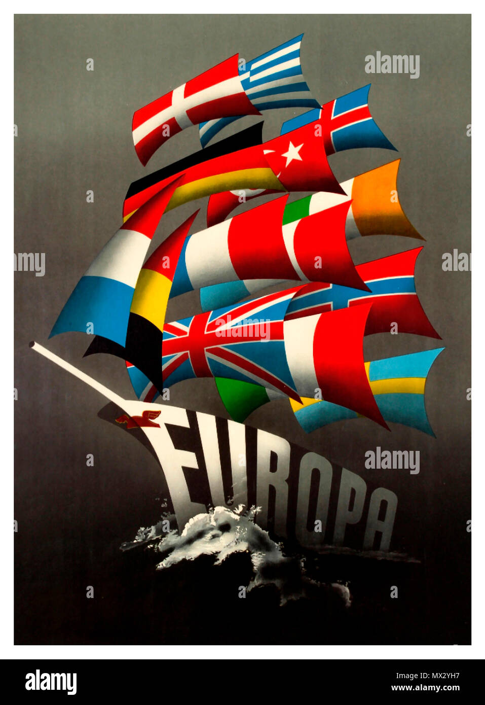 MARSHALL PLAN WINNER EUROPE HISTORY Vintage 1950's poster featuring a design by Dutch artist Reyn Dirksen entitled ' 'All Our Colours To The Mast' chosen as winner of Intra-European Cooperation for Better Standard of Living Poster Contest held in 1950 to publicise  European Recovery Programme / Marshall Plan theme of cooperation and economic recovery after World War Two. Stylised illustration showing a ship in full sail with the sea splashing featuring the flags of each country and the word Europa / Europe on its hull. Stock Photo