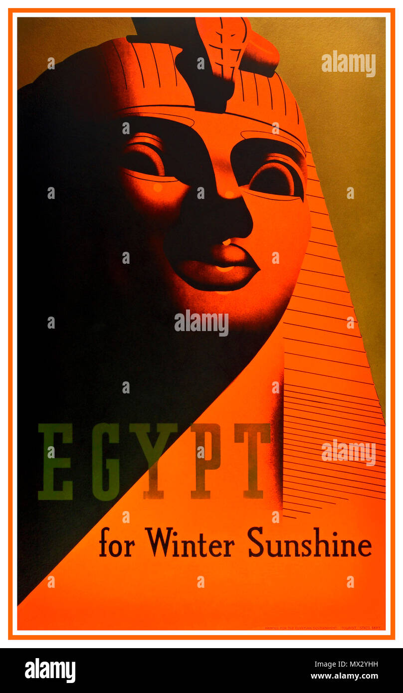 Egypt 1930s Vintage Egyptian Travel Poster Egypt Winter Sunshine Great Sphinx of Giza...Egypt North Africa Stock Photo
