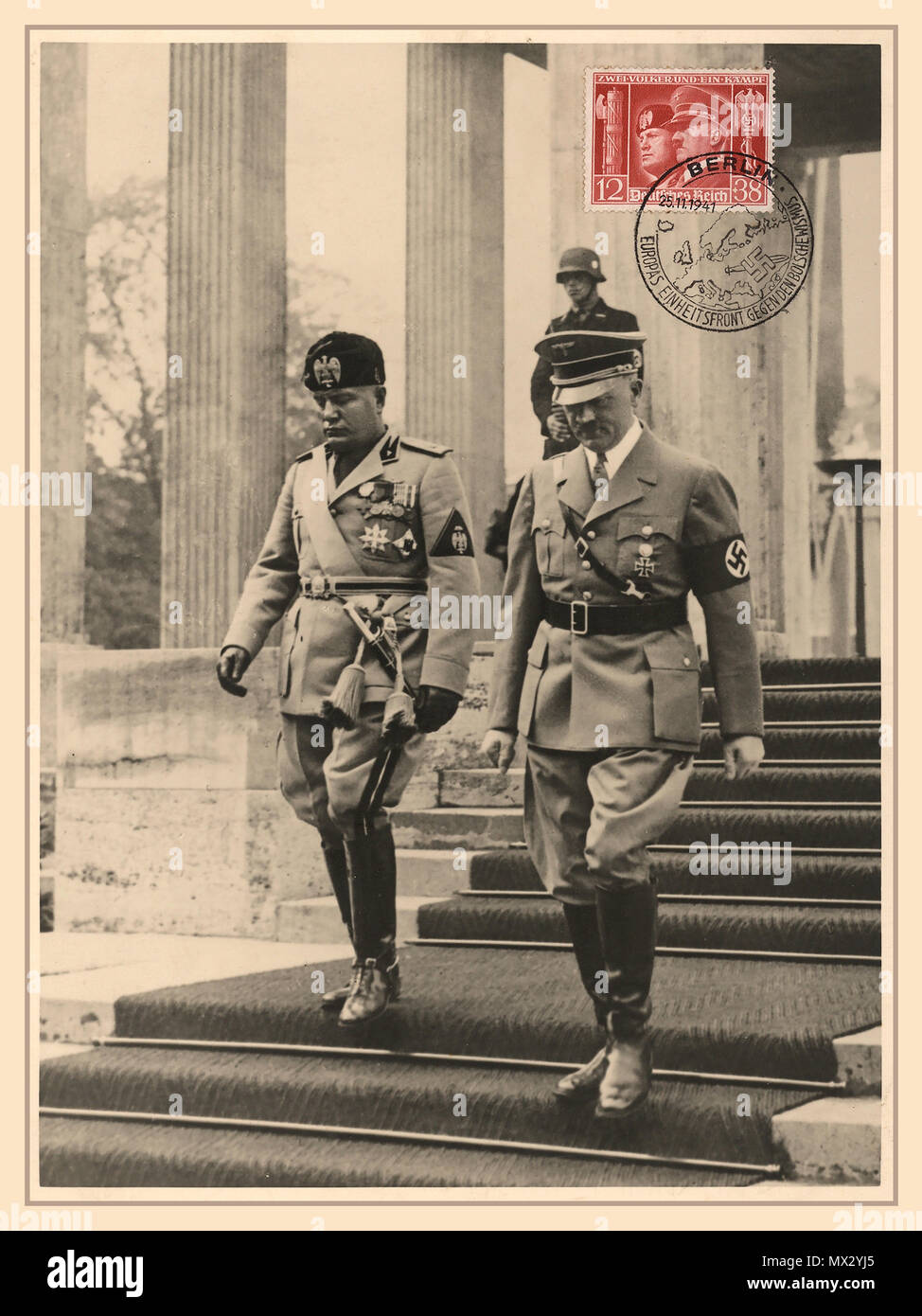 HITLER MUSSOLINI BERLIN 1938 Vintage Political Propaganda Postcard 28th September 1937 Berlin Germany Italian leader and dictator Benito Mussolini with German Chancellor and Nazi leader Adolf Hitler Stock Photo