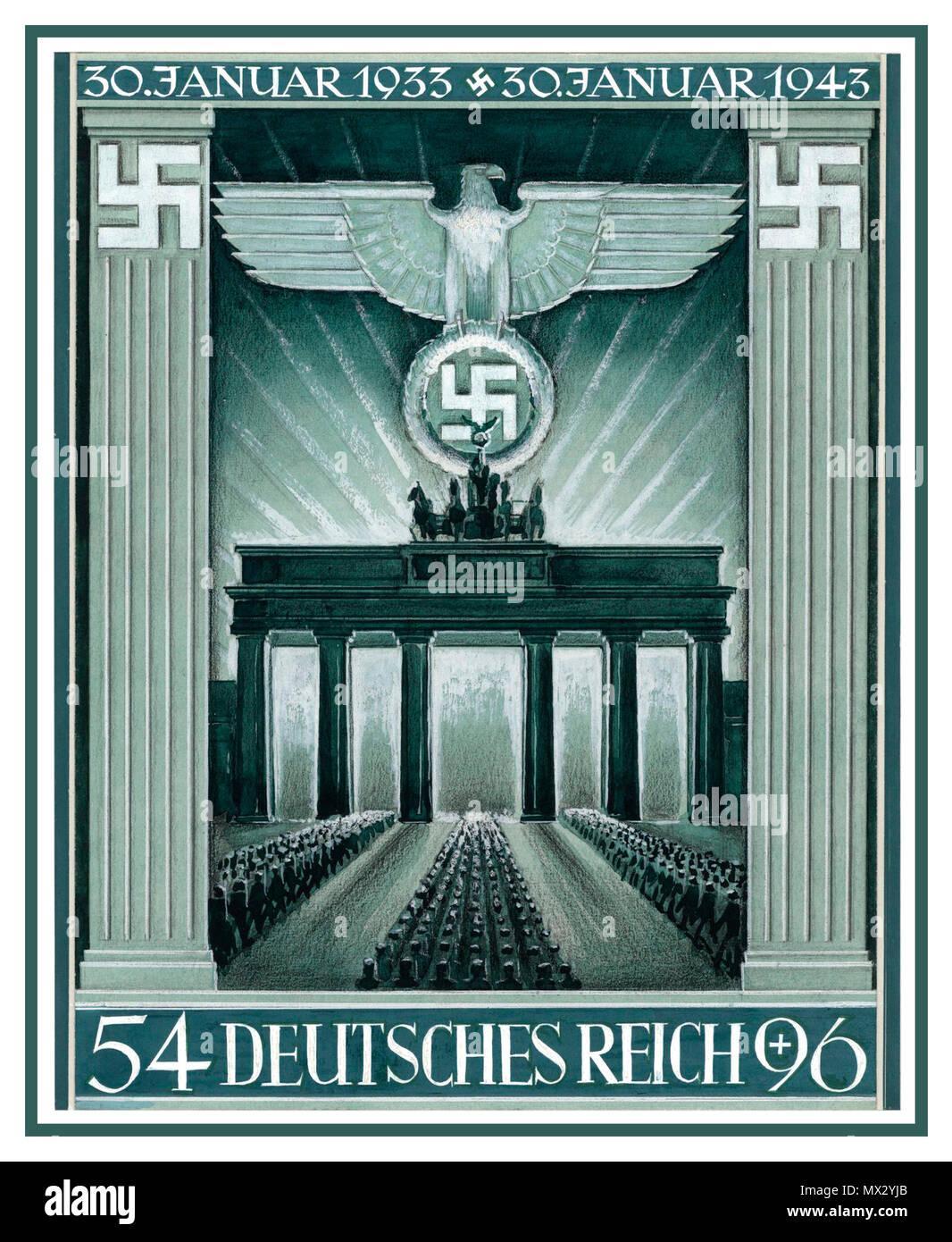 Vintage German Nazi postage stamp artwork propaganda Brandenburg Gate Berlin Nazi Germany 10th anniversary of the Nazi takeover by Adolf Hitler 1933-1943 artwork for Deutsches Reich commemorative stamp first day of issue Jan 1943 Graphics by G. Klein Stock Photo