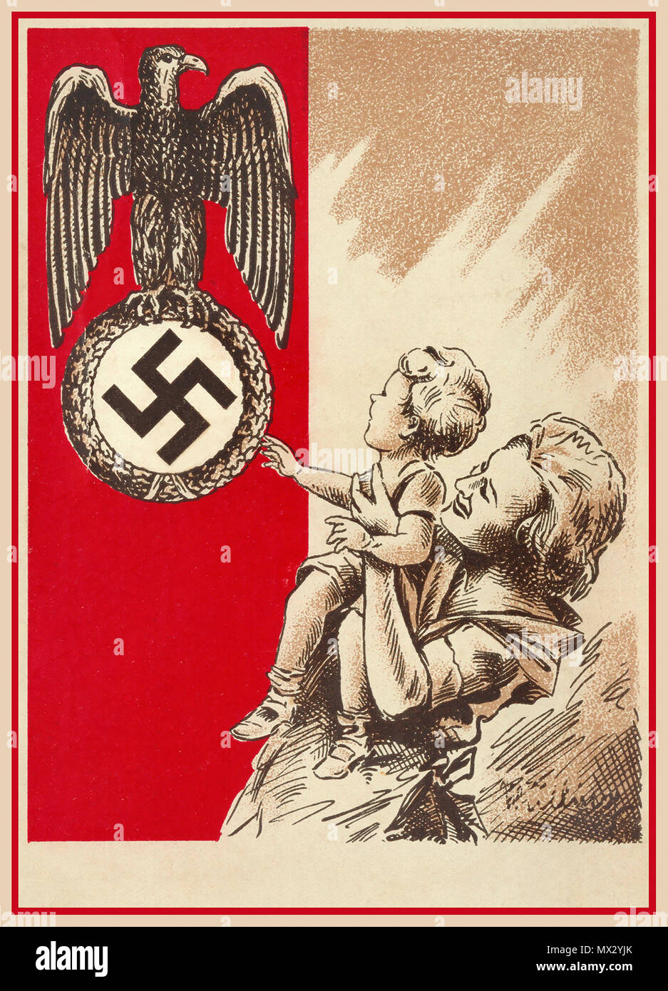 SWASTIKA FAMILY 1939 Propaganda Postcard Nazi Germany showing a mother and child with the Fatherland Nazi Eagle and Swastika as a National Guardian Symbol to be revered respected and admired... Stock Photo