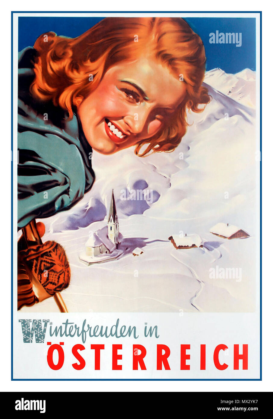 AUSTRIA WINTER SKI 1950s Vintage Travel Poster ‘Winter Pleasures in Austria’ ski skiing skier snow mountains  ÖSTERREICH Winterfreuden Artist Aigner Stock Photo