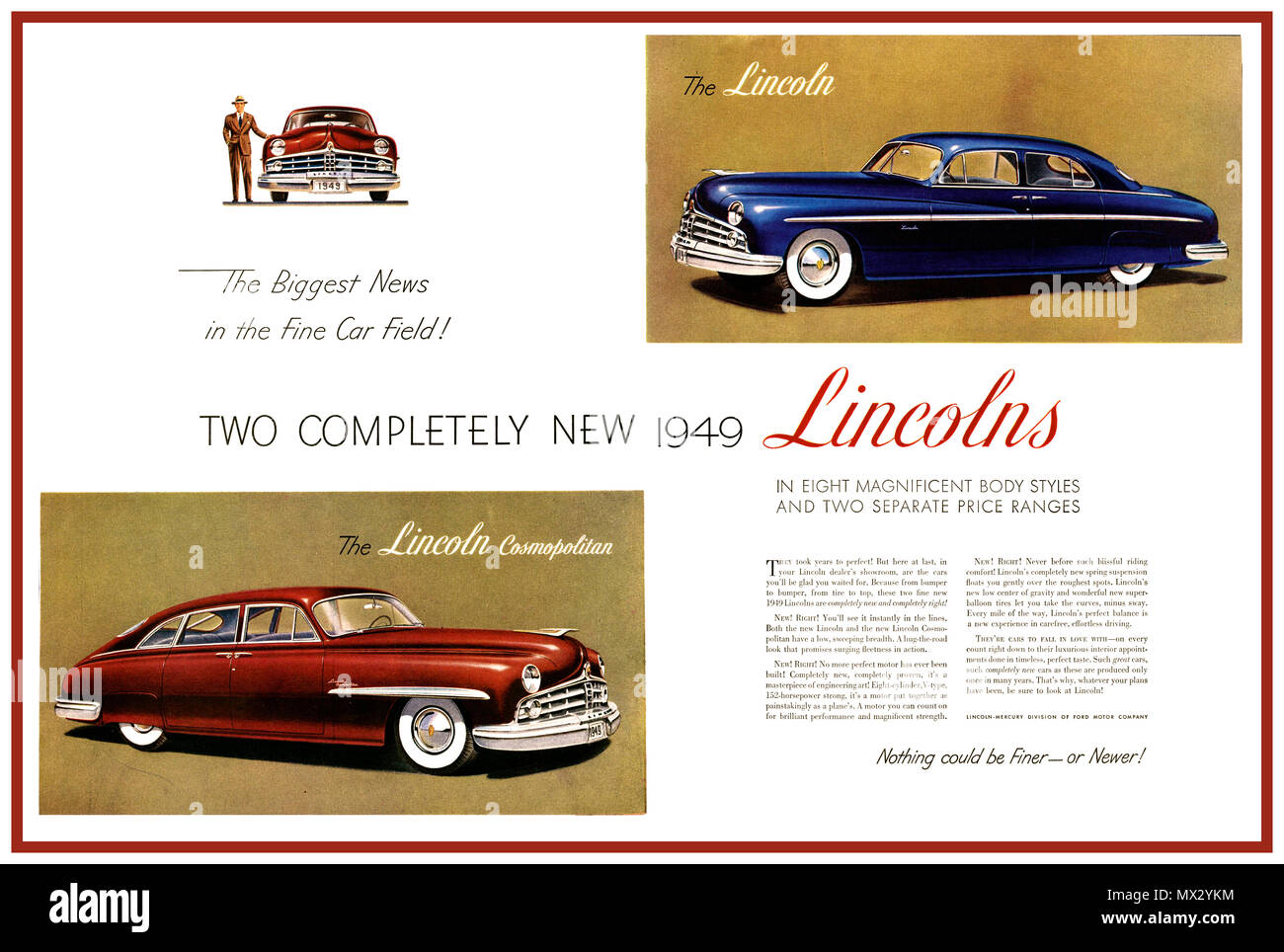 1949 Vintage LINCOLN Luxury American Car advertisement poster ad for The Lincoln and The Lincoln Cosmopolitan automobile motorcar 'the biggest news in the fine car field' Stock Photo