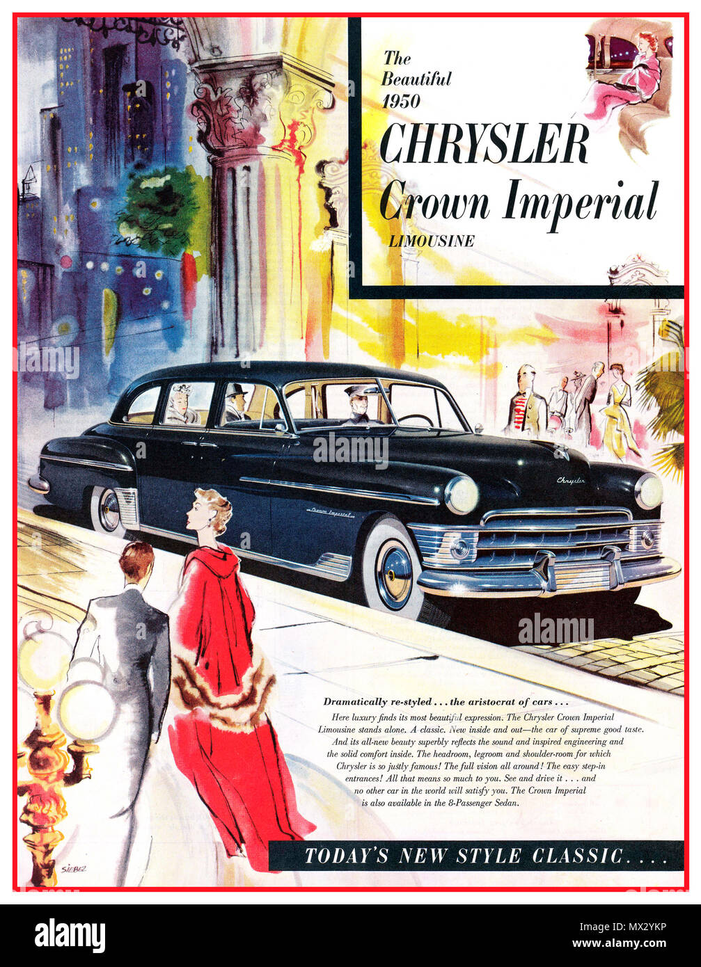 Vintage American 1950 Chrysler Crown Imperial Limousine motorcar automobile poster advertisement with revolutionary Four Wheel Disc Brakes Crown Imperial eight-passenger limousine 'today's new style classic' Stock Photo