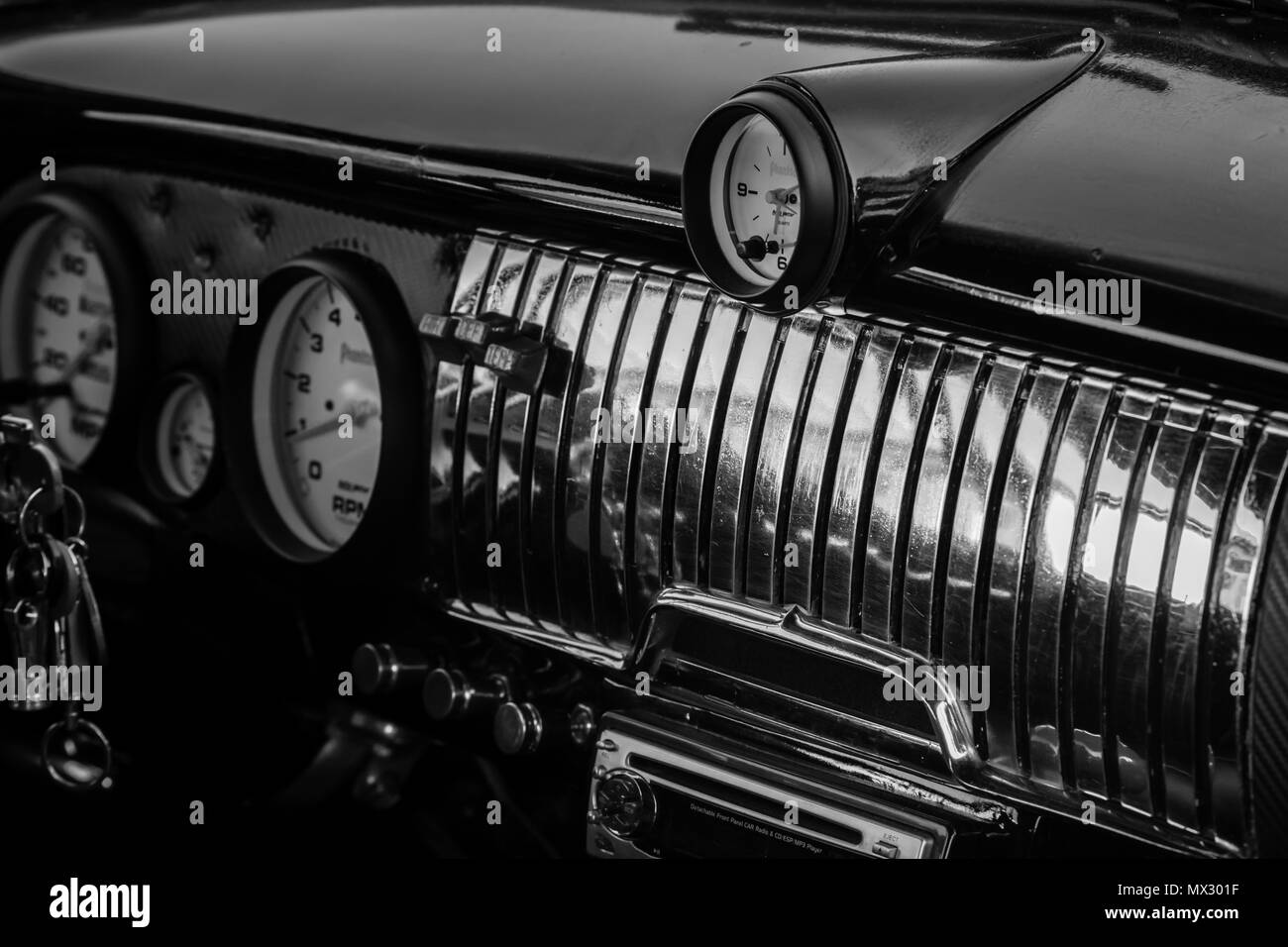 Monochrome picture featuring vintage car dashboard Stock Photo Alamy